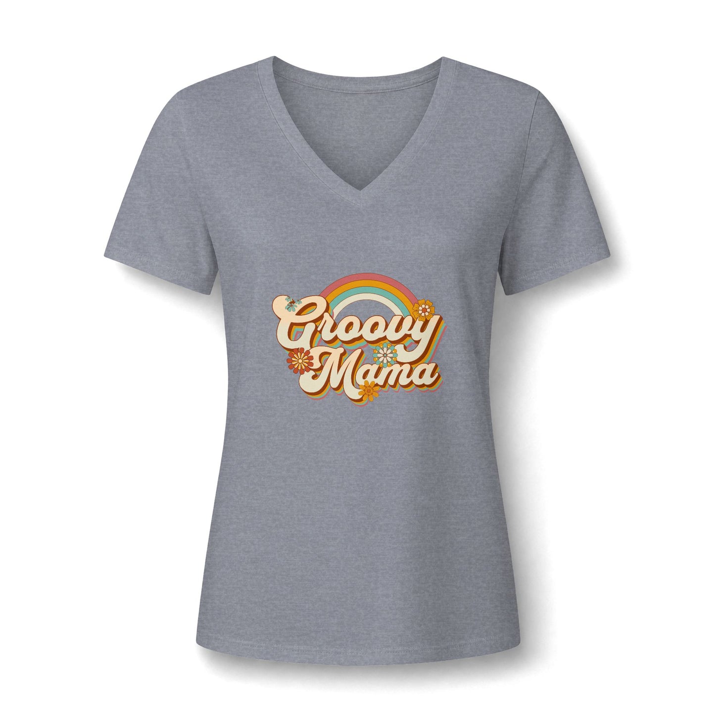 A women's heather gray V-neck t-shirt featuring a retro-style 'Groovy Mama' graphic with a rainbow and sun on the chest, displayed against a clean white background.