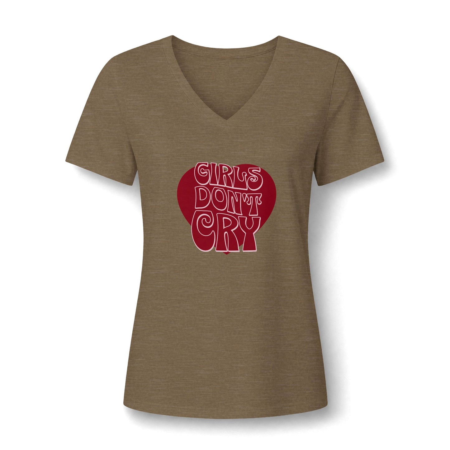 A women's heather brown V-neck t-shirt featuring a red heart graphic on the chest with the text 'GIRLS DON'T CRY' in a retro bubbly font.