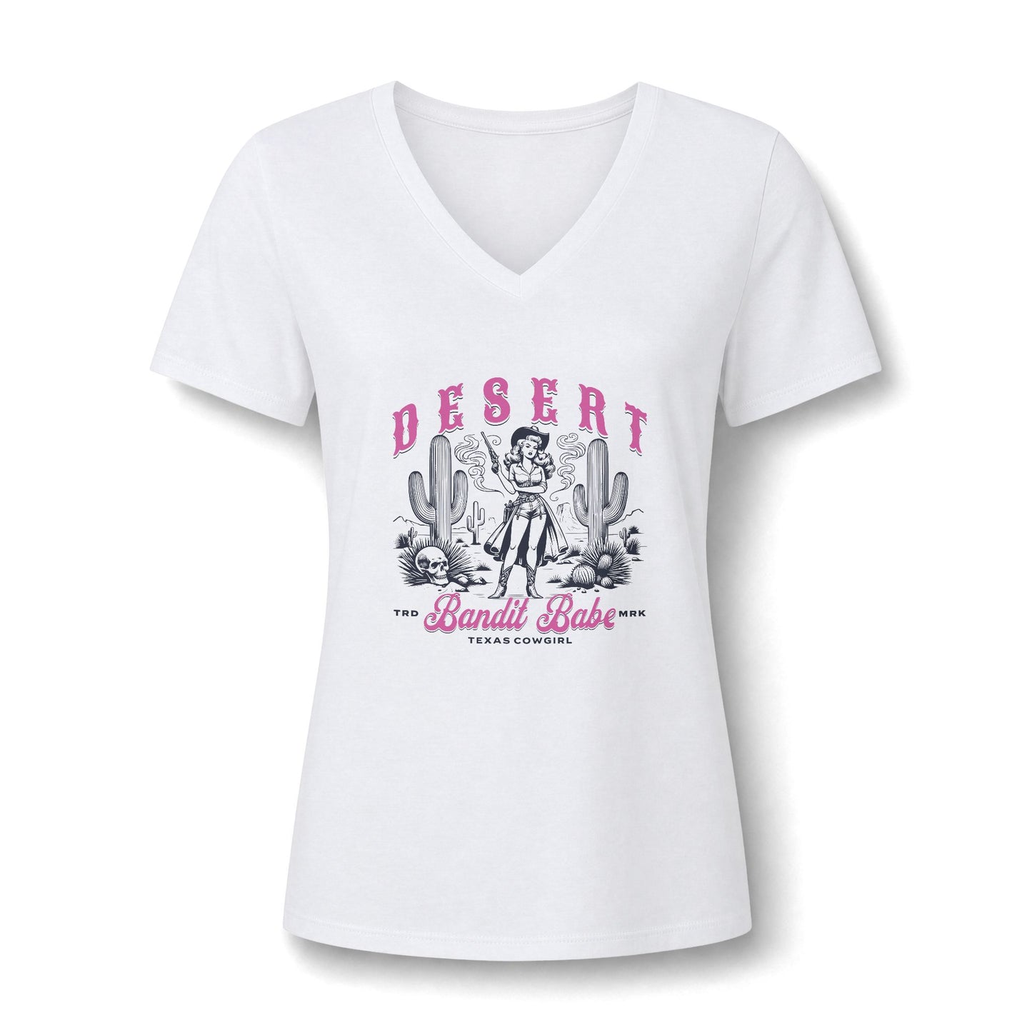 A white women's V-neck short-sleeve t-shirt with a vintage-style pink and black graphic on the front featuring a cowboy, cacti, and the text 'DESERT Bandit Babe Texas Cowboy'. Western Cowgirl Bandit Babe Women's T-Shirt for Casual Wear