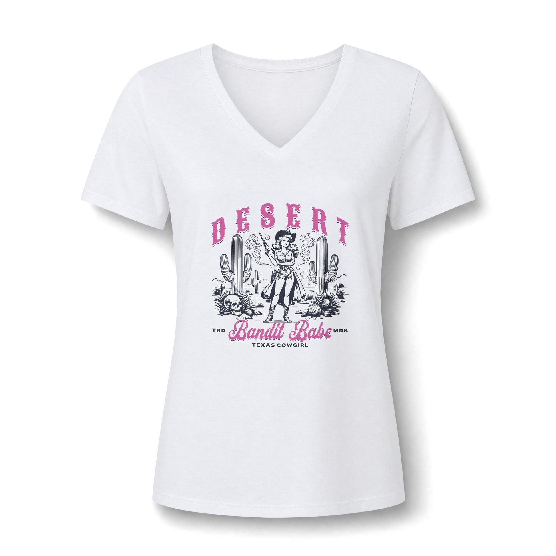 A white women's V-neck short-sleeve t-shirt with a vintage-style pink and black graphic on the front featuring a cowboy, cacti, and the text 'DESERT Bandit Babe Texas Cowboy'. Western Cowgirl Bandit Babe Women's T-Shirt for Casual Wear