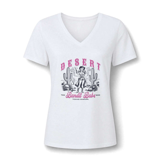 A white women's V-neck short-sleeve t-shirt with a vintage-style pink and black graphic on the front featuring a cowboy, cacti, and the text 'DESERT Bandit Babe Texas Cowboy'. Western Cowgirl Bandit Babe Women's T-Shirt for Casual Wear