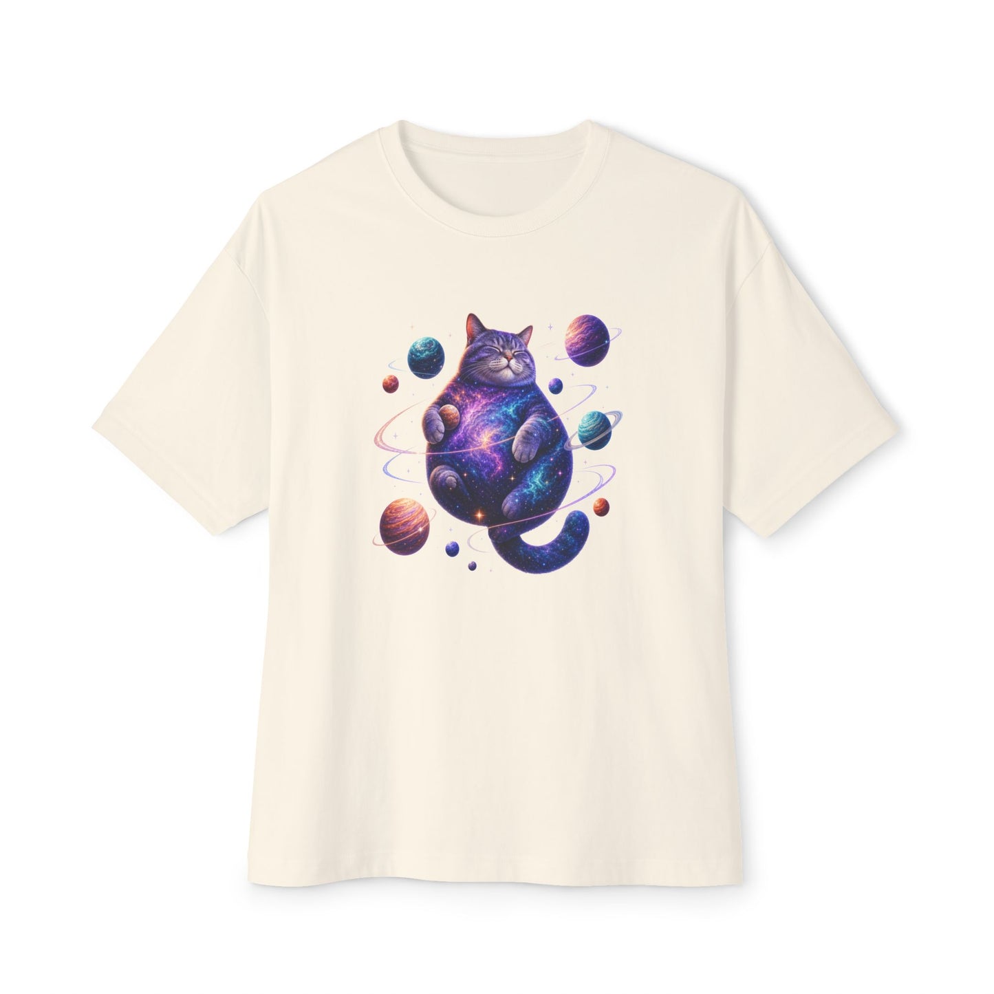 An off-white short-sleeve crewneck t-shirt featuring a colorful graphic of a cosmic cat surrounded by planets, displayed on a clean white background. Whimsical Funny Cosmic Cat Unisex Oversized Boxy T-Shirt Casual Wear