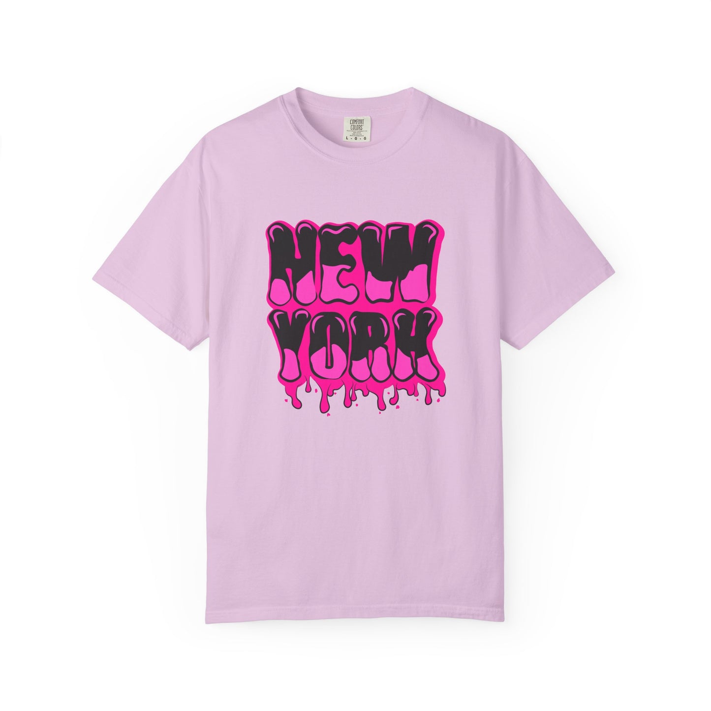 A light purple short-sleeve t-shirt with a 'NEW YORK' graphic in dripping hot pink and black bubble letters on the front, displayed against a clean white background. 