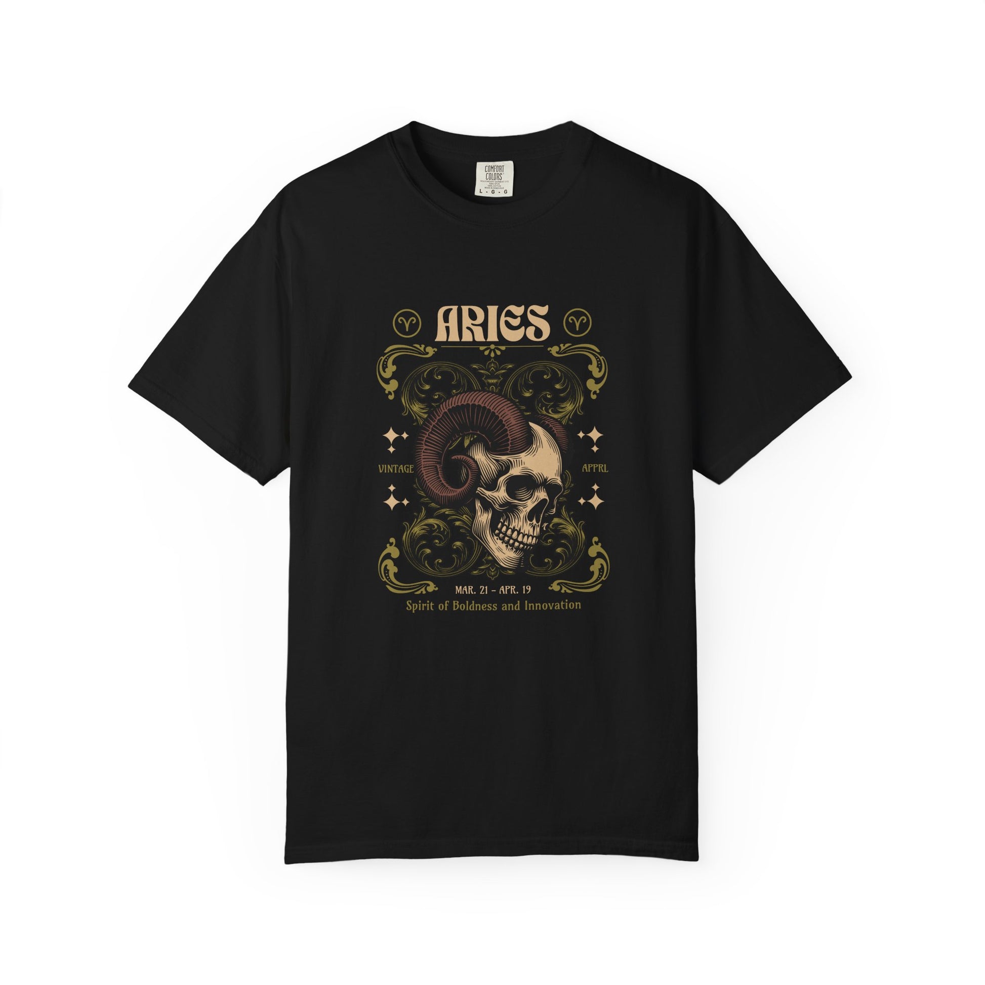 A black short-sleeve crewneck t-shirt featuring a detailed Aries zodiac graphic on the chest. The graphic depicts a ram skull with curved horns, surrounded by ornate gold and beige filigree, stars, and the word 'ARIES' at the top.