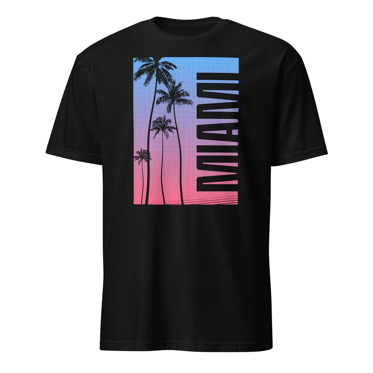 A black short-sleeve crewneck t-shirt featuring a large rectangular graphic on the chest with a blue-to-pink gradient sunset, palm tree silhouettes, and the word 'MIAMI' printed vertically in black.