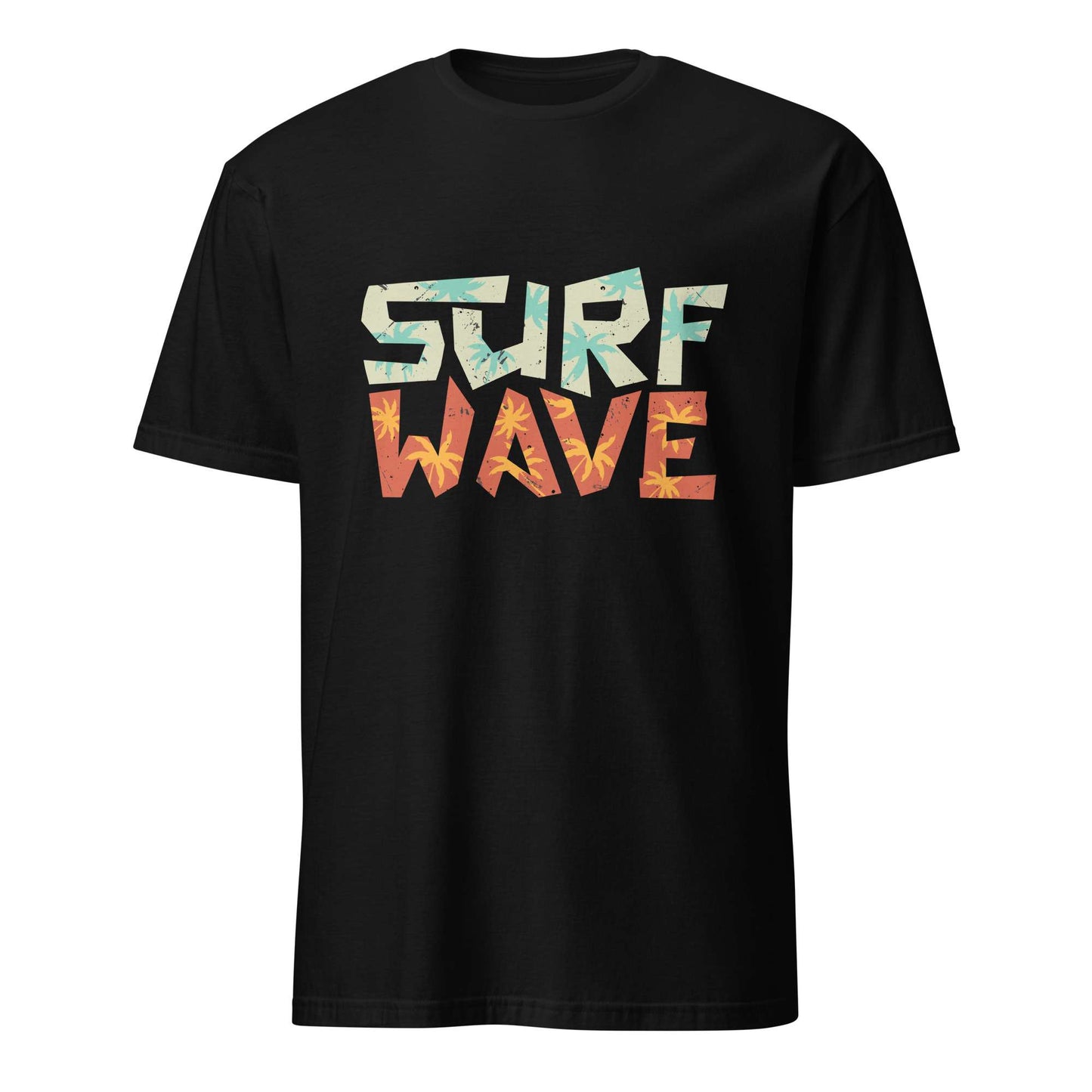 A black short-sleeve crewneck t-shirt featuring a distressed graphic print on the chest that reads 'SURF WAVE' in a retro, multi-colored patterned font, shown against a plain white background. Surf Wave Typography Lettering Graphic T-Shirt Casual Wear Shop the Surf Wave Lettering Typography Graphic T-Shirt Casual Wear design, featuring a laid-back coastal look for everyday outfits and beach days. Buy Surf Wave Lettering Typography Graphic T-Shirt Casual Wear for Sale Online.