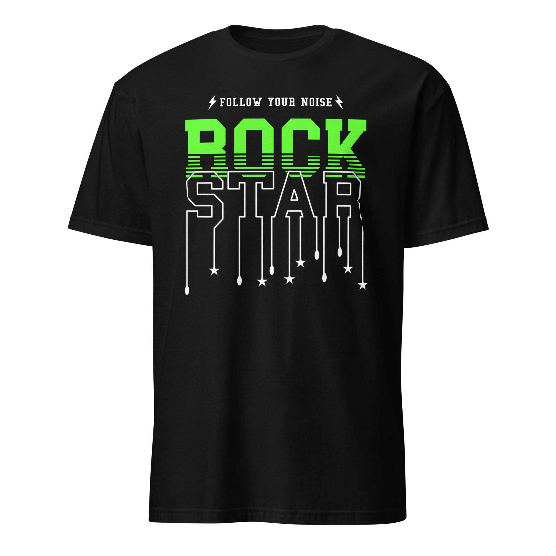 A black short-sleeve crewneck t-shirt featuring a graphic on the front that reads 'FOLLOW YOUR NOISE' in white, with 'ROCK' in bright green and 'STAR' in white outlined text below it, on a plain white background. Follow Your Noise Rock Star Neon Music T-Shirt Casual Wear Shop Follow Your Noise Rock Star Neon Music T-Shirt Casual Wear for vibrant, rock-inspired fashion that adds energy to your casual wardrobe.