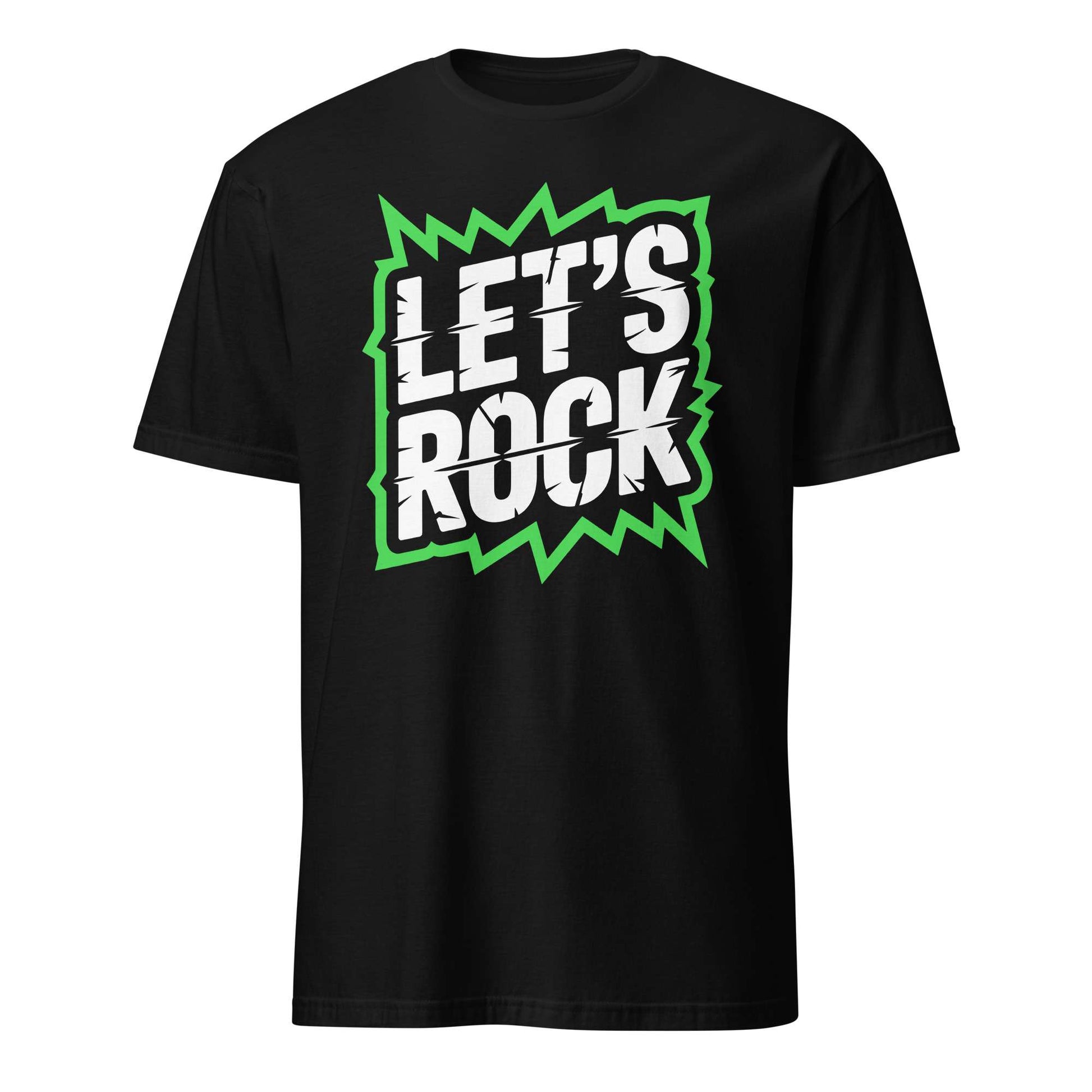 A black short-sleeve crewneck t-shirt featuring a bold graphic on the chest with the text 'LET'S ROCK' in white with a black outline, set against a green jagged comic-style burst, displayed on a solid white background. Let's Rock Music Bold Typography Graphic T-Shirt Casual Wear Shop the Let's Rock Music Bold Typography Graphic T-Shirt Casual Wear for a standout look, soft comfort, and everyday rock-inspired style. Bring bold energy to your wardrobe with the Let's Rock Music Bold Typography Graphic T-Shirt.