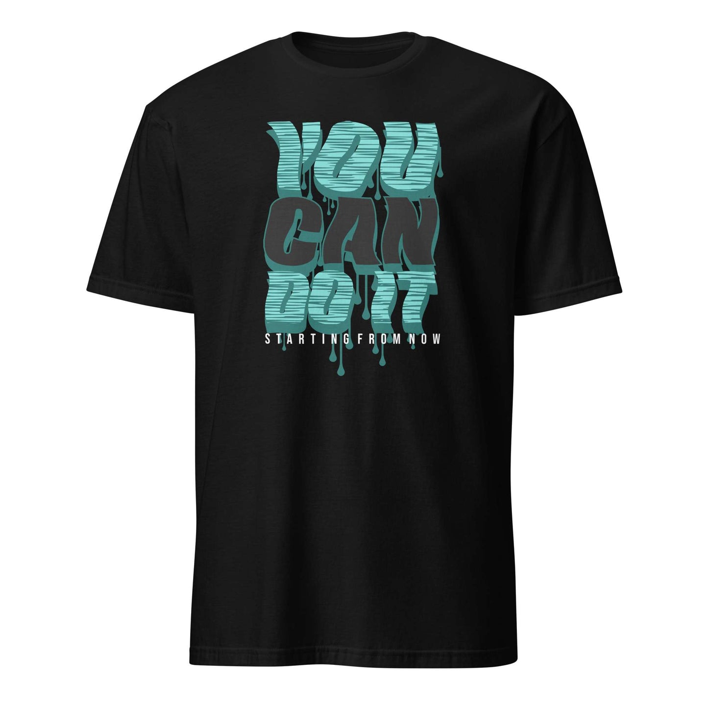 A black short-sleeve crewneck t-shirt featuring a bold graphic on the front with the text 'YOU CAN DO IT' in a dripping teal and dark gray 3D style, with 'STARTING FROM NOW' printed below in white. You Can Do It Slogan Typography Graphic T-Shirt Casual Wear Shop the You Can Do It Slogan Typography Graphic T-Shirt for bold motivational style, everyday confidence, and effortlessly casual outfits.