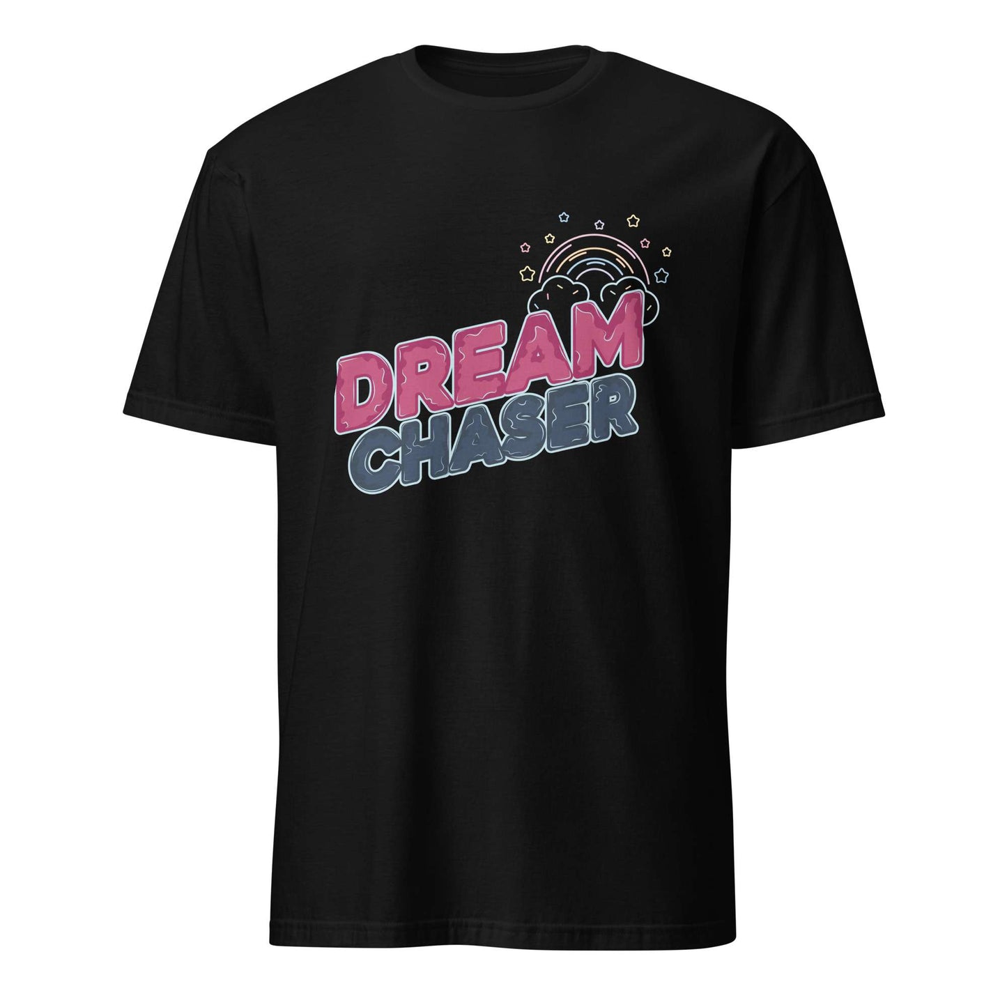 A black short-sleeve crewneck t-shirt featuring a colorful graphic on the chest with the words 'DREAM CHASER' in pink and blue gradient lettering under a small rainbow illustration, shown against a plain white background. Minimal Dream Chaser Lettering Graphic T-Shirt Casual Wear Shop Minimal Dream Chaser Lettering Graphic T-Shirt Casual Wear for a clean, motivational look that pairs easily with your favorite outfits.