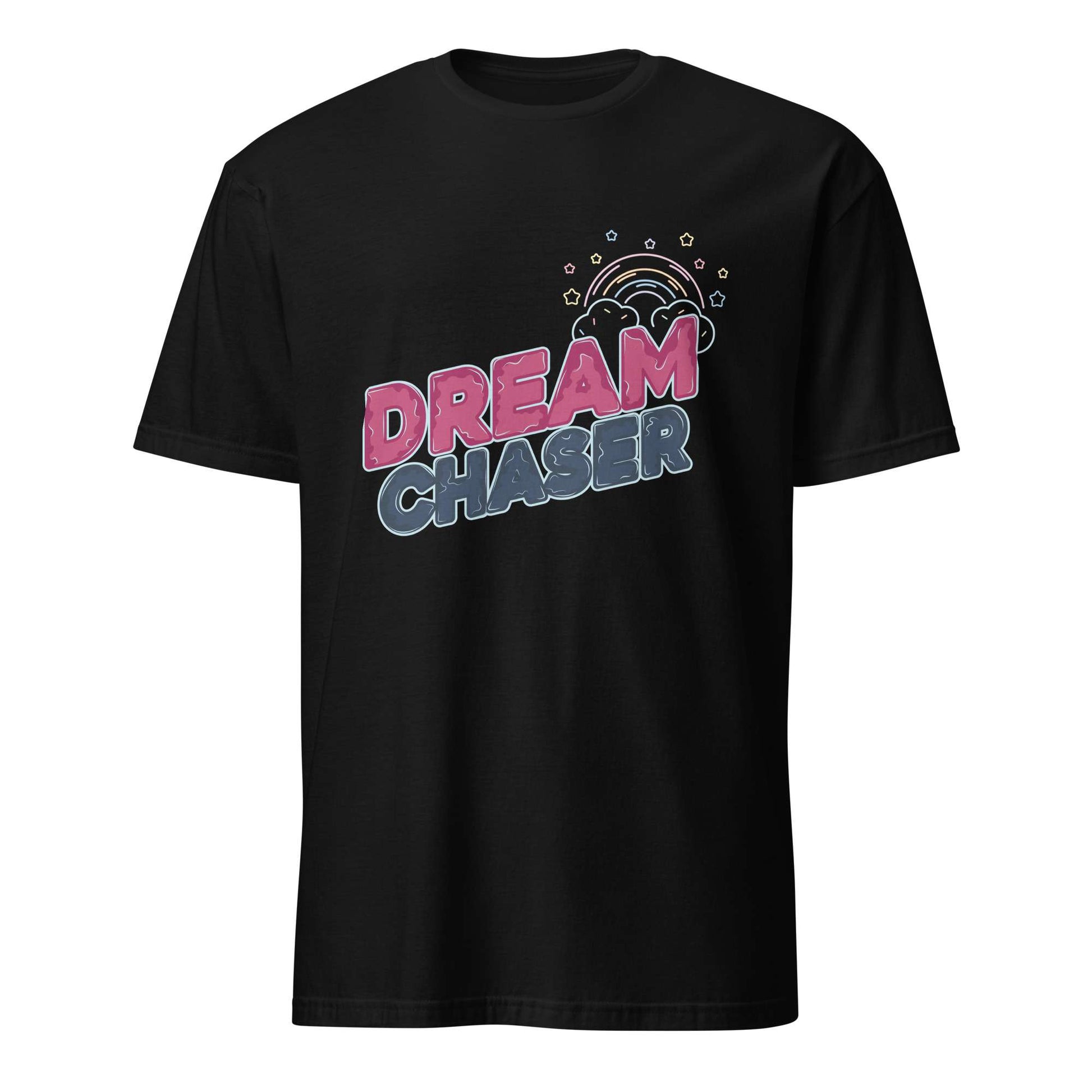 A black short-sleeve crewneck t-shirt featuring a colorful graphic on the chest with the words 'DREAM CHASER' in pink and blue gradient lettering under a small rainbow illustration, shown against a plain white background. Minimal Dream Chaser Lettering Graphic T-Shirt Casual Wear Shop Minimal Dream Chaser Lettering Graphic T-Shirt Casual Wear for a clean, motivational look that pairs easily with your favorite outfits.