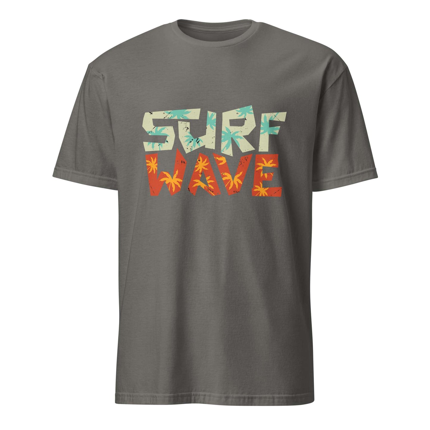 A dark gray crewneck t-shirt featuring a 'SURF WAVE' graphic on the chest. The word 'SURF' is filled with a light blue and orange tropical leaf pattern, while 'WAVE' is filled with orange palm tree silhouettes, displayed on a clean white background. Surf Wave Typography Lettering Graphic T-Shirt Casual Wear Shop the Surf Wave Lettering Typography Graphic T-Shirt Casual Wear design, featuring a laid-back coastal look for everyday outfits and beach days.