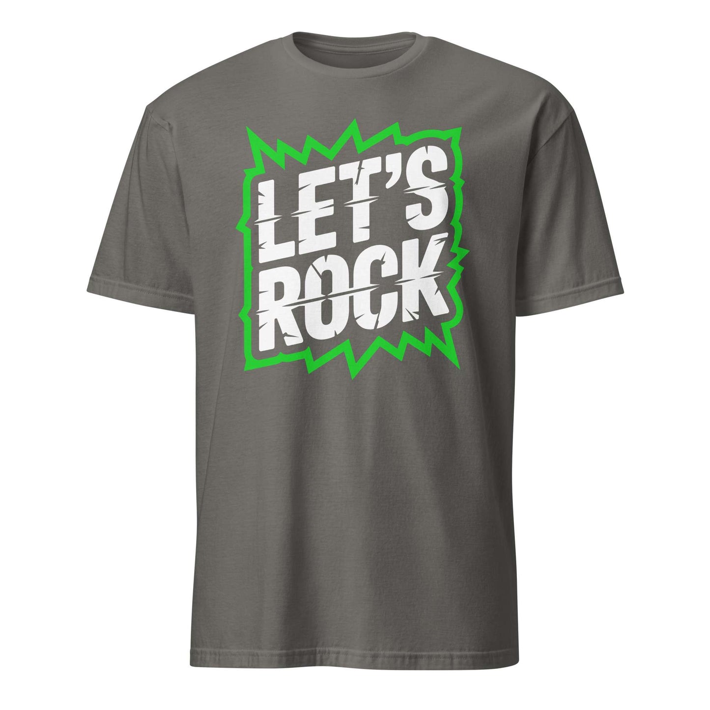 A dark gray crewneck t-shirt featuring a graphic print on the front with the text 'LET'S ROCK' in white distressed lettering inside a green jagged lightning-bolt shape, shown against a plain white background. Let's Rock Music Bold Typography Graphic T-Shirt Casual Wear Shop the Let's Rock Music Bold Typography Graphic T-Shirt Casual Wear for a standout look, soft comfort, and everyday rock-inspired style.