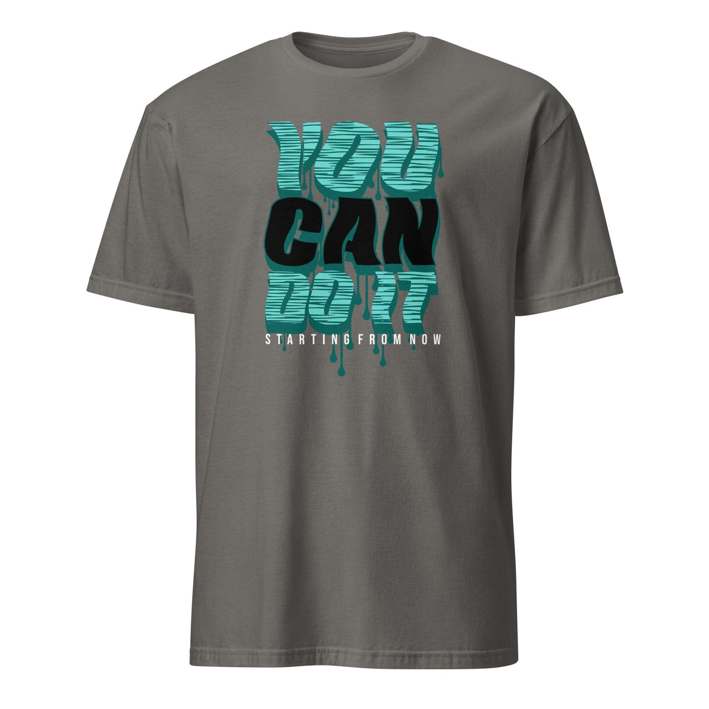 A dark gray crewneck t-shirt featuring a graphic on the chest that reads 'YOU CAN DO IT' in a dripping teal and black font, with 'STARTING FROM NOW' printed below in white. You Can Do It Slogan Typography Graphic T-Shirt Casual Wear Shop the You Can Do It Slogan Typography Graphic T-Shirt for bold motivational style, everyday confidence, and effortlessly casual outfits.