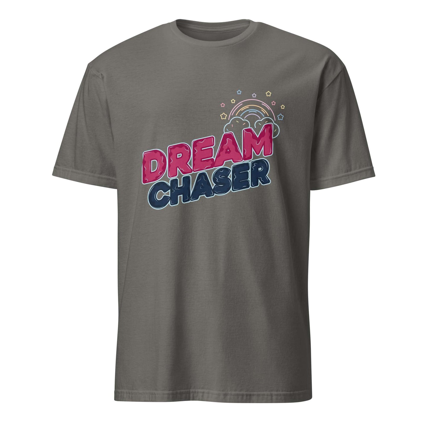 A dark gray crewneck t-shirt featuring a colorful graphic on the chest that reads 'DREAM CHASER' in pink and navy blue bubble letters, with a small rainbow and star details above, shown against a plain white background. Minimal Dream Chaser Lettering Graphic T-Shirt Casual Wear Shop Minimal Dream Chaser Lettering Graphic T-Shirt Casual Wear for a clean, motivational look that pairs easily with your favorite outfits.