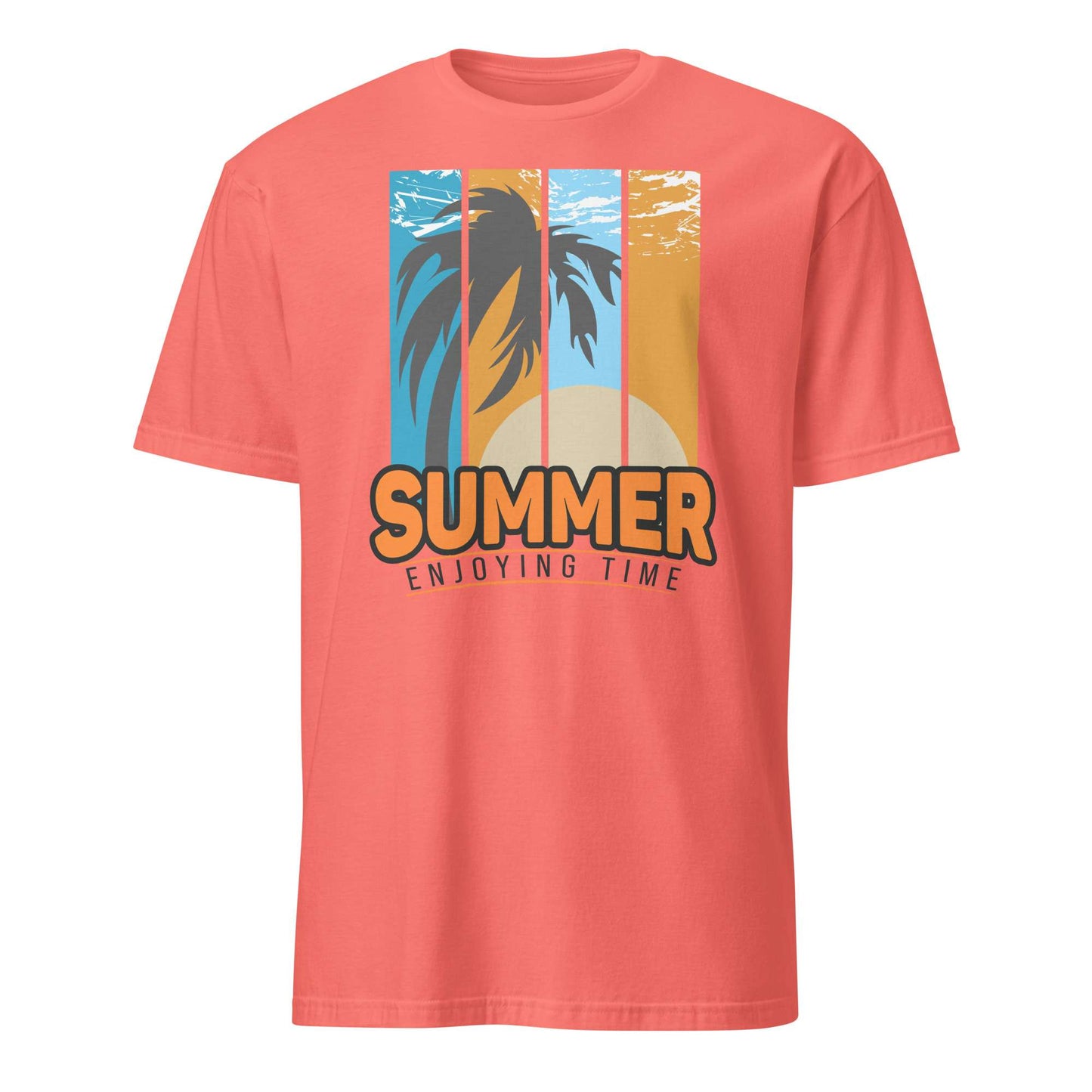 A coral pink short-sleeve t-shirt with a retro graphic on the chest featuring a palm tree, sunset stripes, and the text 'SUMMER ENJOYING TIME'. Buy Summer Enjoying Time Palm Sunset Graphic T-Shirt Casual Wear Online for Sale Shop the Summer Enjoying Time Palm Sunset Graphic T-Shirt, featuring a vibrant tropical design perfect for beach days and warm escapes.