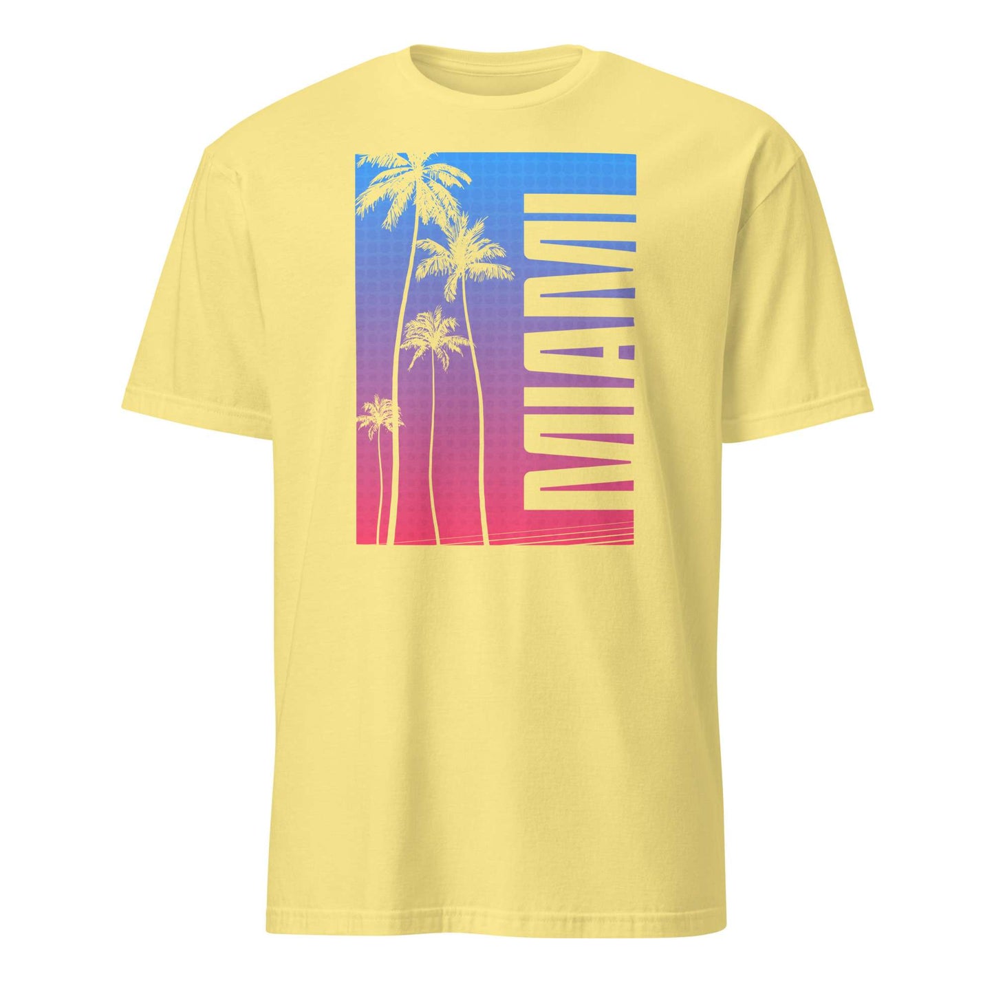 A pale yellow short-sleeve t-shirt with a rectangular graphic on the chest featuring palm tree silhouettes and the word 'MIAMI' in vertical text over a blue-to-pink gradient background.