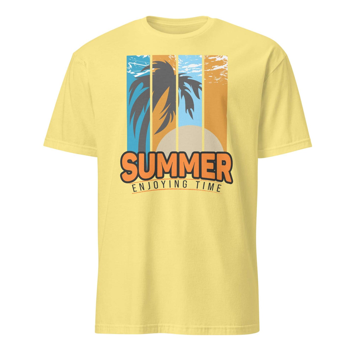 A light yellow short-sleeve t-shirt with a retro-style graphic on the chest featuring palm trees, a sunset, and the text 'SUMMER ENJOYING TIME'. Buy Summer Enjoying Time Palm Sunset Graphic T-Shirt Casual Wear Online for Sale Shop the Summer Enjoying Time Palm Sunset Graphic T-Shirt, featuring a vibrant tropical design perfect for beach days and warm escapes.