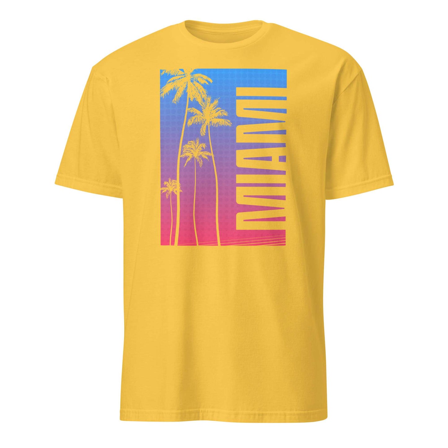 A yellow short-sleeve crewneck t-shirt featuring a colorful graphic on the front with palm tree silhouettes, a blue-to-pink gradient background, and the word 'MIAMI' printed vertically in yellow.