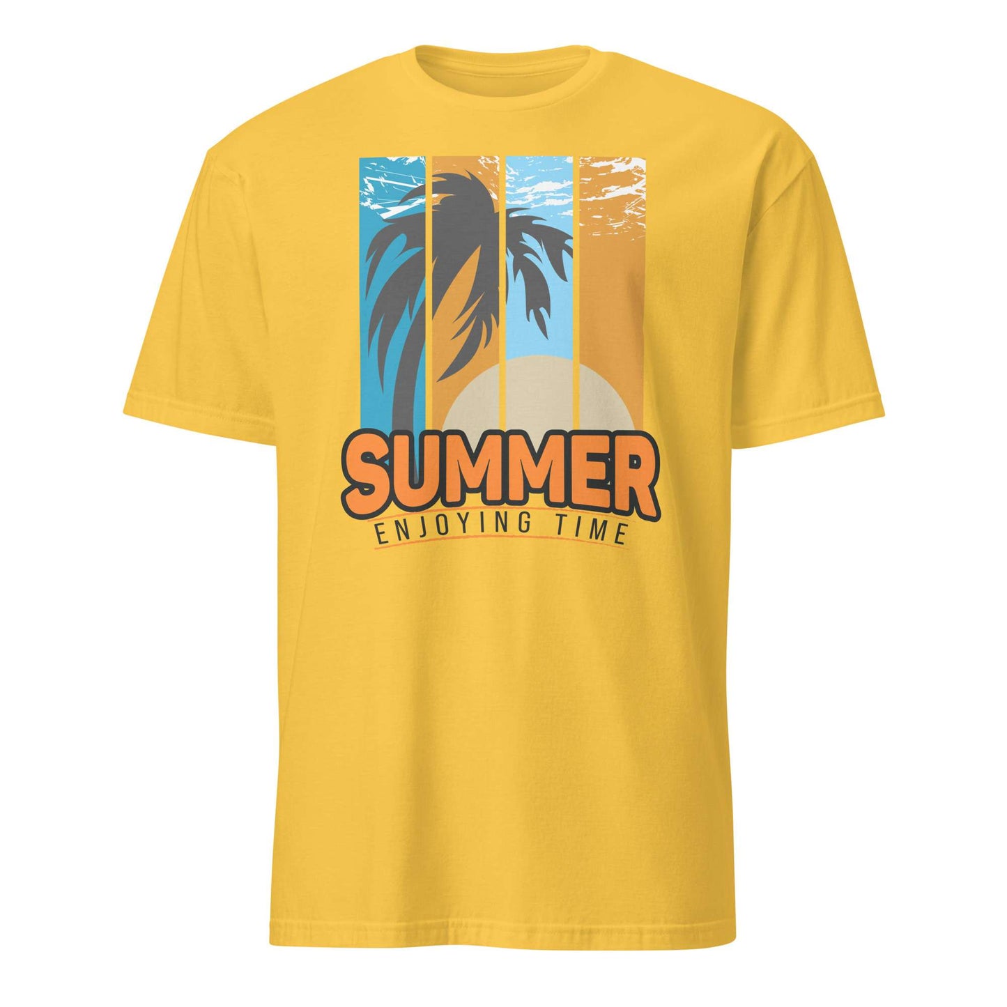 A yellow short-sleeve crewneck t-shirt featuring a retro summer graphic with palm trees, a sunset, and the text 'SUMMER ENJOYING TIME' on the front. Buy Summer Enjoying Time Palm Sunset Graphic T-Shirt Casual Wear Online for Sale Shop the Summer Enjoying Time Palm Sunset Graphic T-Shirt, featuring a vibrant tropical design perfect for beach days and warm escapes.
