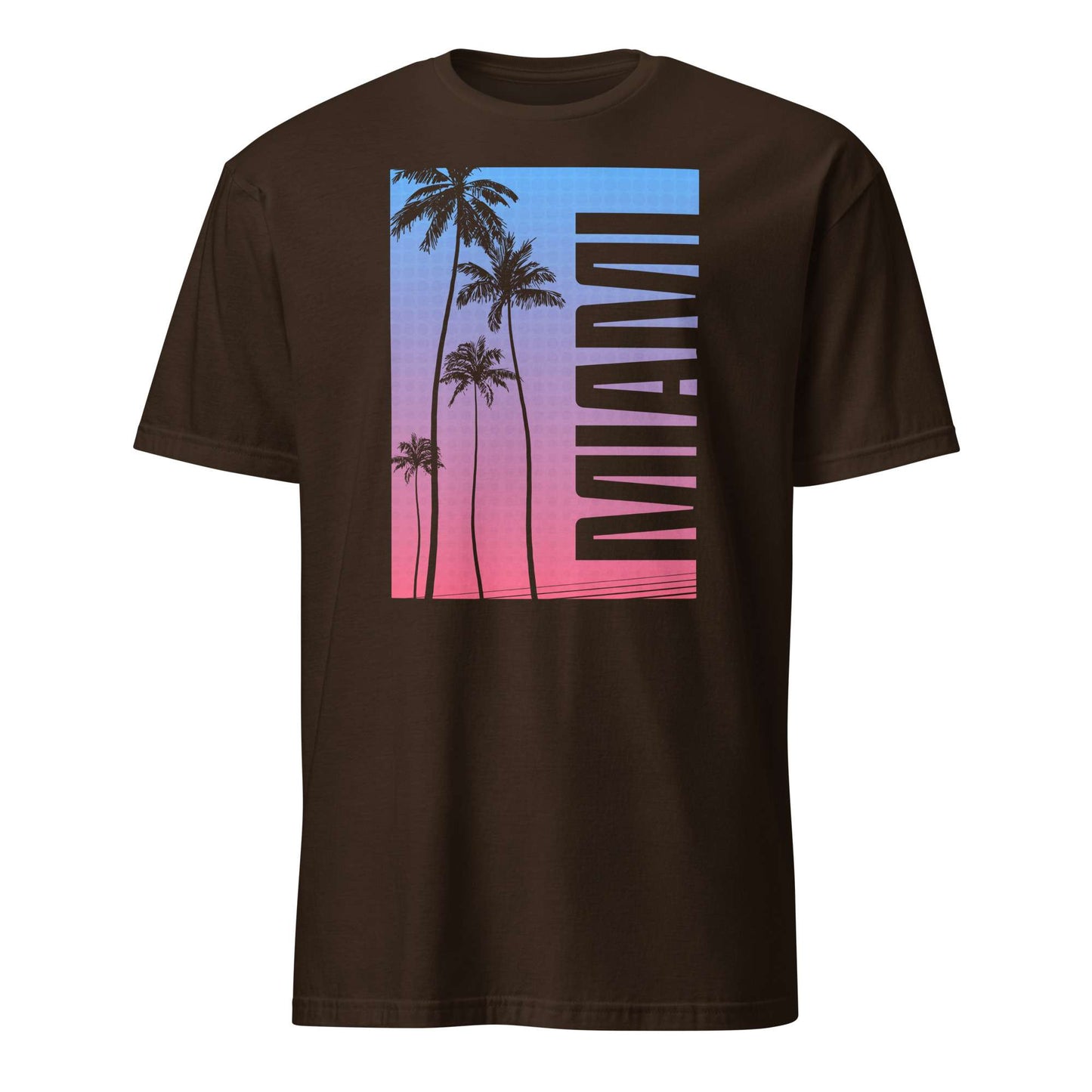 A dark brown short-sleeve t-shirt with a rectangular graphic on the chest featuring palm tree silhouettes, a blue-to-pink gradient, and the word 'MIAMI' in bold black letters.