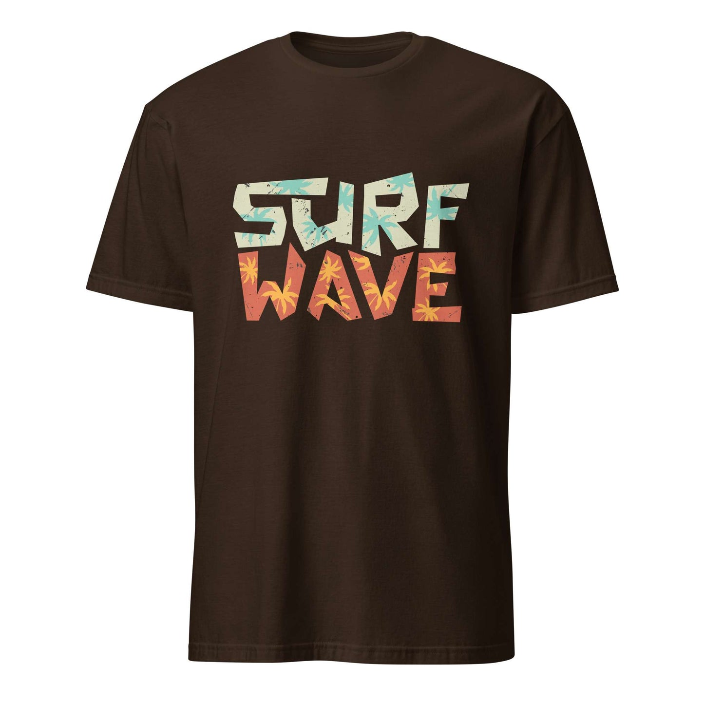 A dark brown short-sleeve t-shirt with a graphic text print reading 'SURF WAVE' across the chest. The top word 'SURF' is filled with a light blue and white distressed pattern, while the bottom word 'WAVE' is filled with a red, orange, and yellow distressed pattern.