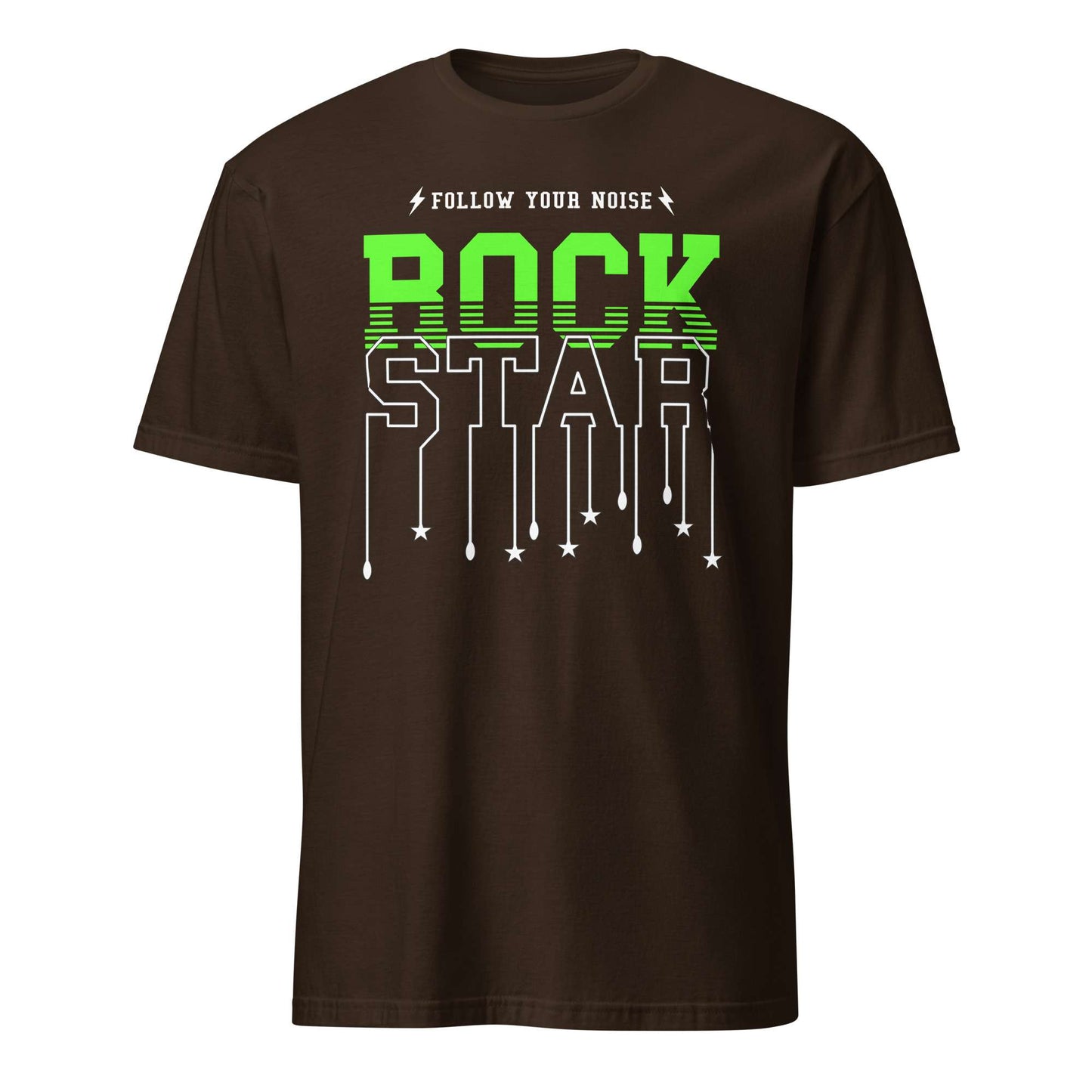 A dark brown short-sleeve t-shirt with a graphic on the chest reading 'FOLLOW YOUR NOISE ROCK STAR' in white and bright green, displayed on a solid white background. Follow Your Noise Rock Star Neon Music T-Shirt Casual Wear Shop Follow Your Noise Rock Star Neon Music T-Shirt Casual Wear for vibrant, rock-inspired fashion that adds energy to your casual wardrobe.