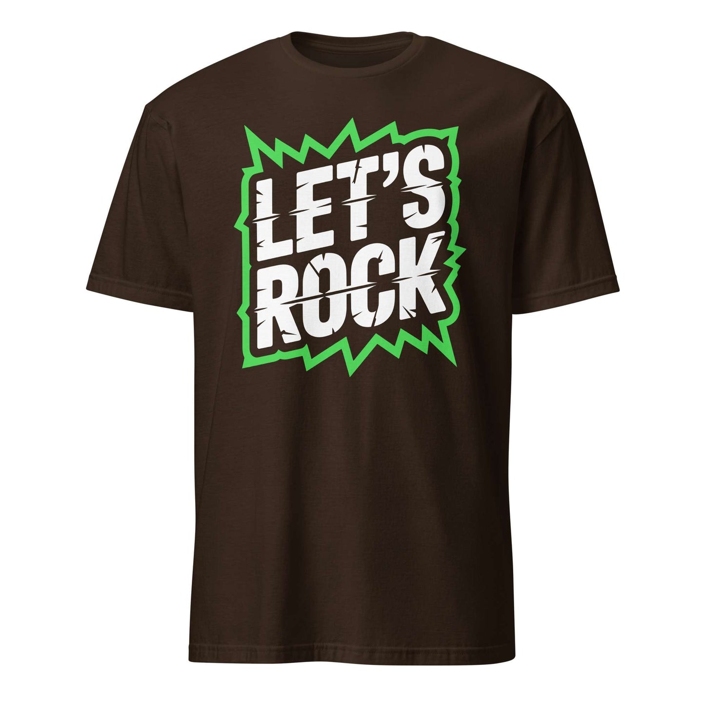 A dark brown short-sleeve t-shirt with a graphic on the chest that reads 'LET'S ROCK' in white distressed lettering inside a green jagged starburst shape, shown on a plain white background. Let's Rock Music Bold Typography Graphic T-Shirt Casual Wear Shop the Let's Rock Music Bold Typography Graphic T-Shirt Casual Wear for a standout look, soft comfort, and everyday rock-inspired style.