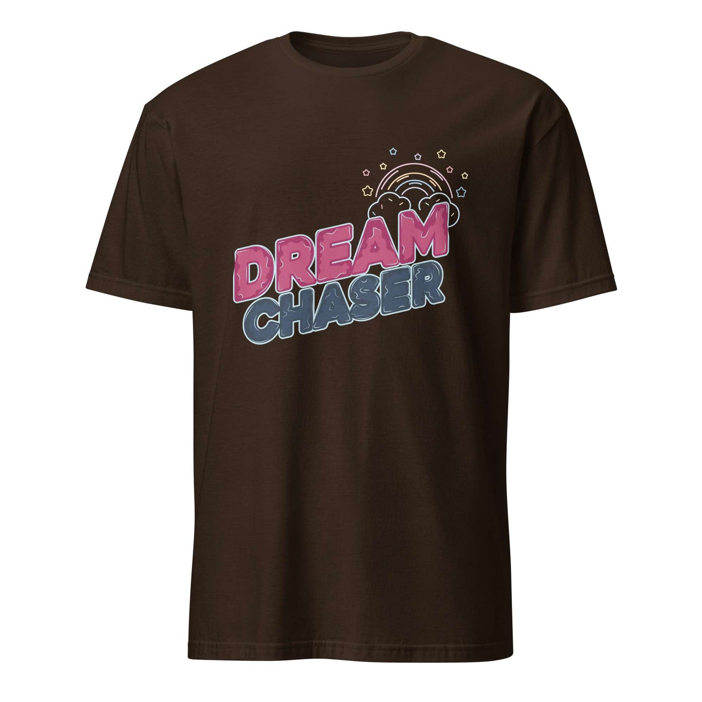 A dark brown short-sleeve t-shirt with a colorful graphic on the chest reading 'DREAM CHASER' in pink and blue gradient letters, featuring a small rainbow and star details above, shown on a plain white background. Minimal Dream Chaser Lettering Graphic T-Shirt Casual Wear Shop Minimal Dream Chaser Lettering Graphic T-Shirt Casual Wear for a clean, motivational look that pairs easily with your favorite outfits.