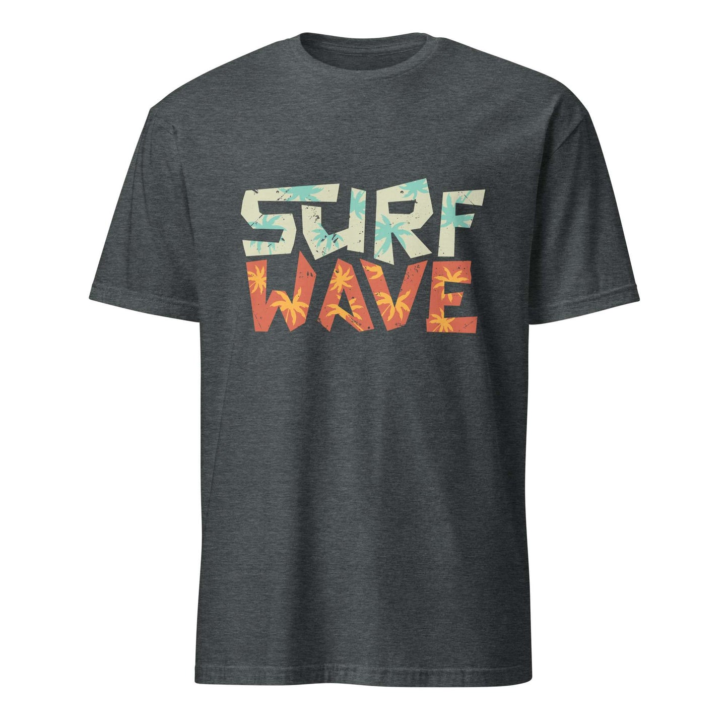 A dark heather gray t-shirt with a graphic text print reading 'SURF WAVE' in a retro, distressed patterned font. The top letters of 'SURF' are light blue with a coral pattern, and the bottom letters of 'WAVE' are orange with a light blue pattern. Surf Wave Typography Lettering Graphic T-Shirt Casual Wear Shop the Surf Wave Lettering Typography Graphic T-Shirt Casual Wear design, featuring a laid-back coastal look for everyday outfits and beach days. Buy Surf Wave Lettering Typography Graphic T-Shirt Casual 