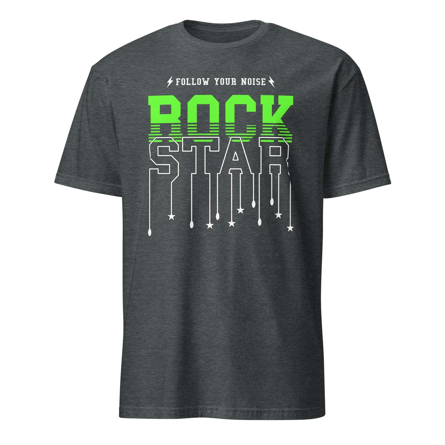A dark heather gray short-sleeve t-shirt with a graphic on the chest reading 'FOLLOW YOUR NOISE ROCK STAR' in white and bright green, shown on a plain white background. Follow Your Noise Rock Star Neon Music T-Shirt Casual Wear Shop Follow Your Noise Rock Star Neon Music T-Shirt Casual Wear for vibrant, rock-inspired fashion that adds energy to your casual wardrobe.