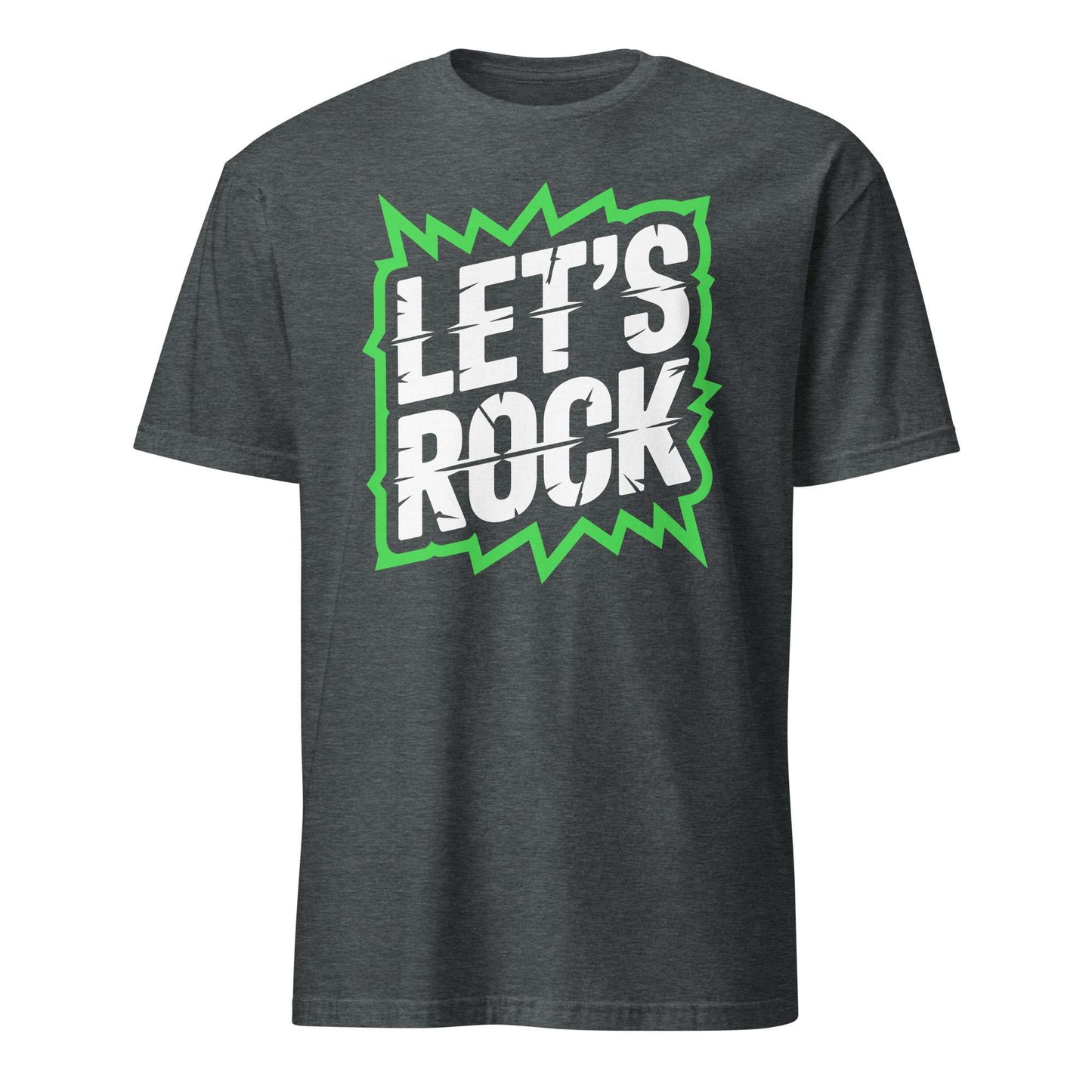 A dark heather gray t-shirt with a graphic on the chest that reads 'LET'S ROCK' in white distressed lettering inside a green jagged comic-style burst, shown on a plain white background. Let's Rock Music Bold Typography Graphic T-Shirt Casual Wear Shop the Let's Rock Music Bold Typography Graphic T-Shirt Casual Wear for a standout look, soft comfort, and everyday rock-inspired style.