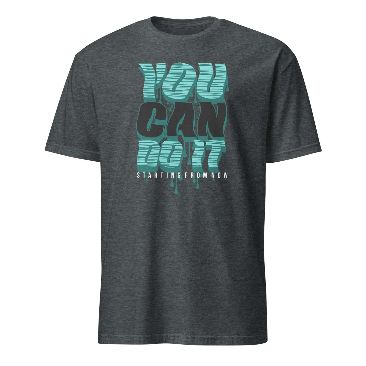 A dark heather gray t-shirt with a graphic on the chest that reads 'YOU CAN DO IT' in teal and black, with 'STARTING FROM NOW' printed below in white, shown against a plain white background. You Can Do It Slogan Typography Graphic T-Shirt Casual Wear Shop the You Can Do It Slogan Typography Graphic T-Shirt for bold motivational style, everyday confidence, and effortlessly casual outfits.