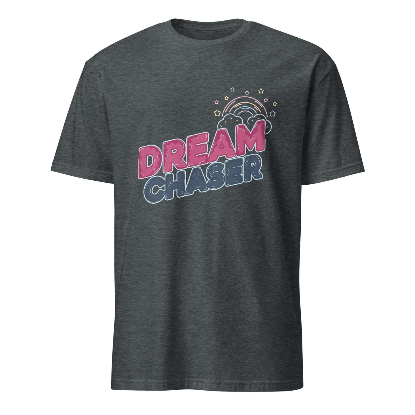 A dark heather gray t-shirt with a colorful graphic on the chest that reads 'DREAM CHASER' in pink and blue retro-style lettering under a small rainbow illustration, shown on a plain white background. Minimal Dream Chaser Lettering Graphic T-Shirt Casual Wear Shop Minimal Dream Chaser Lettering Graphic T-Shirt Casual Wear for a clean, motivational look that pairs easily with your favorite outfits.