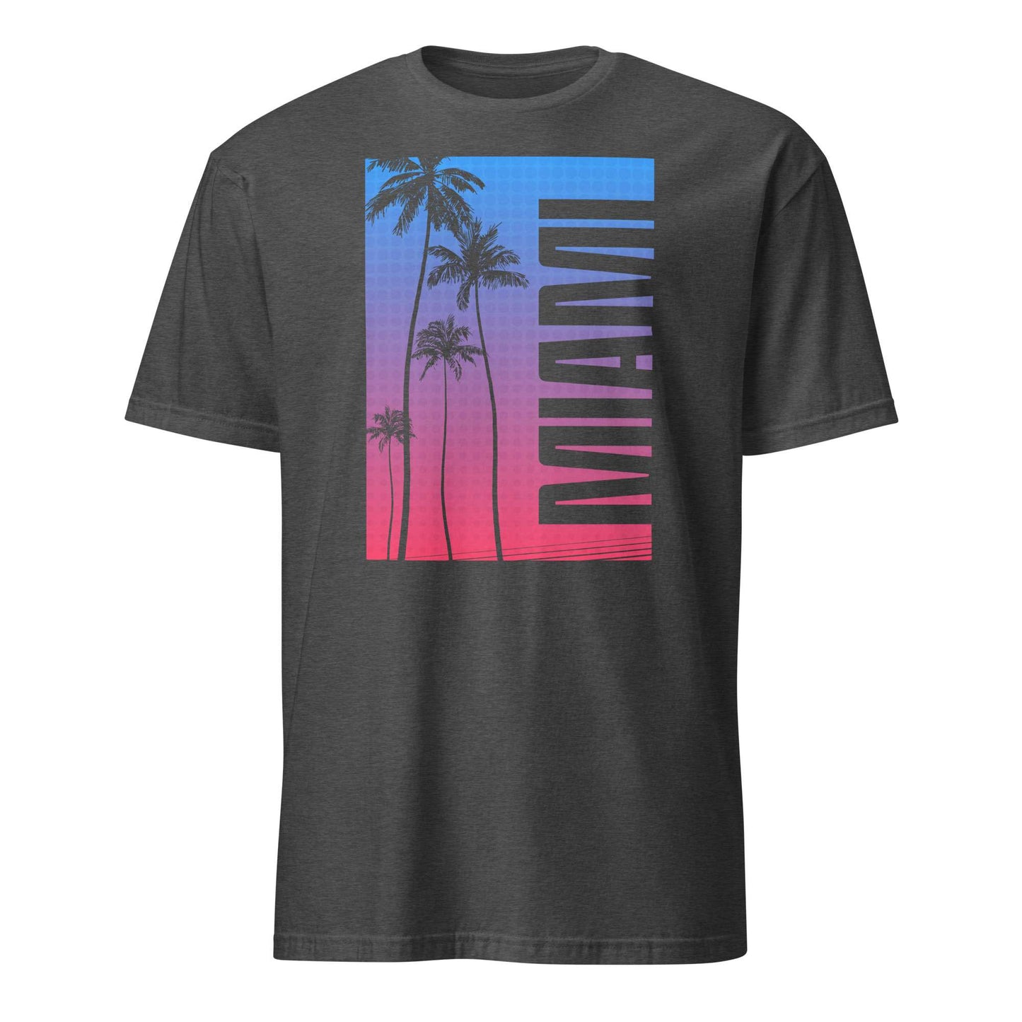 A dark gray crewneck t-shirt featuring a vertical graphic print on the front with palm tree silhouettes, a blue-to-pink gradient background, and the word 'MIAMI' printed vertically in dark gray.