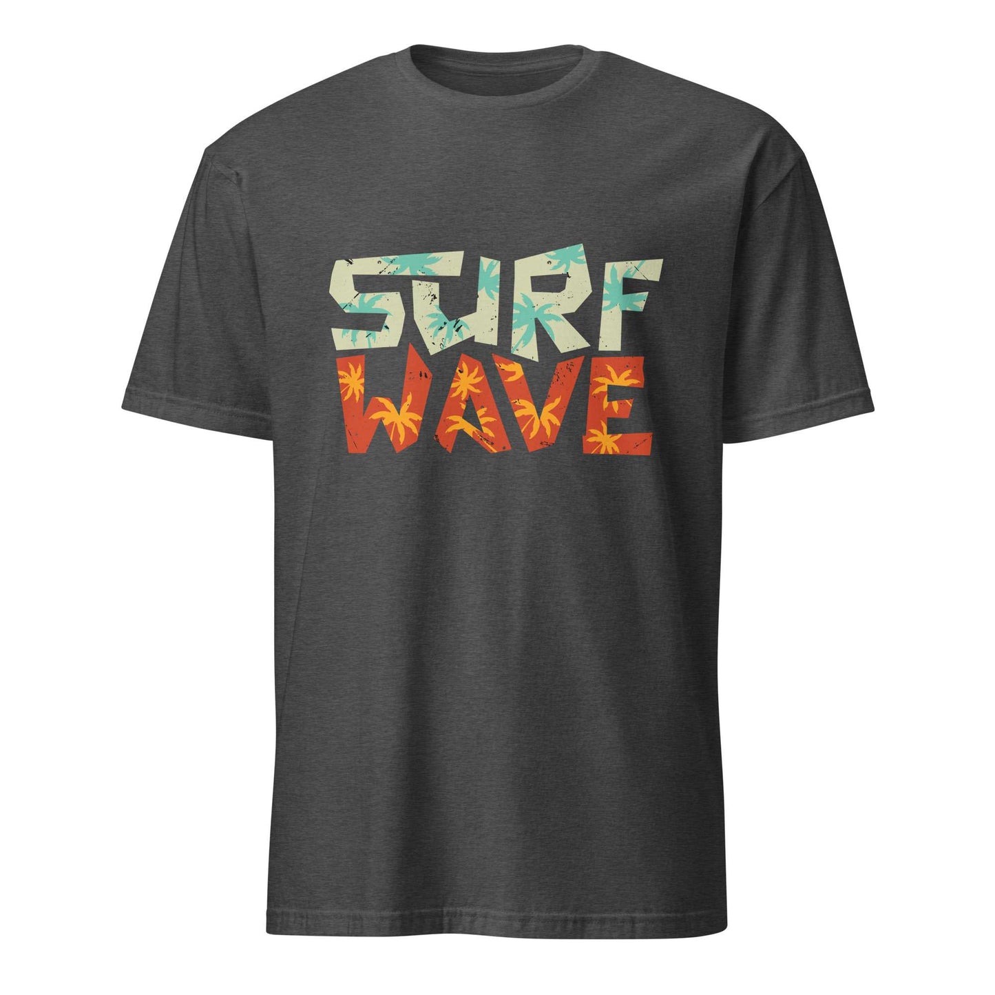 A dark gray heather crewneck t-shirt featuring a 'SURF WAVE' graphic on the chest. The word 'SURF' is filled with a light blue and teal wave pattern, while 'WAVE' is filled with an orange and yellow wave pattern. Surf Wave Typography Lettering Graphic T-Shirt Casual Wear Shop the Surf Wave Lettering Typography Graphic T-Shirt Casual Wear design, featuring a laid-back coastal look for everyday outfits and beach days. Buy Surf Wave Lettering Typography Graphic T-Shirt Casual Wear for Sale Online.