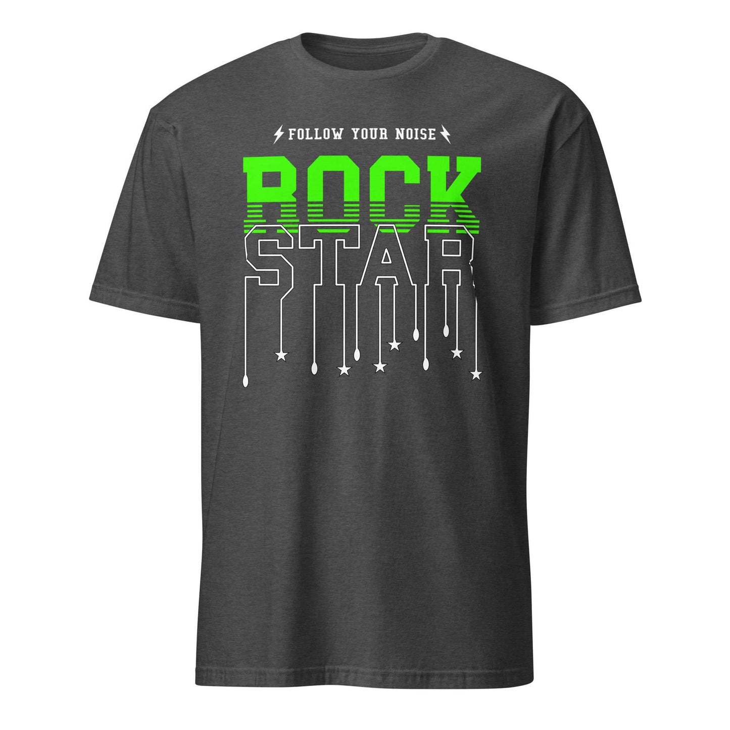 A dark gray crewneck t-shirt with a graphic print on the front. The design features the text 'FOLLOW YOUR NOISE' in white above the word 'ROCK' in bright neon green, and 'STAR' in white outlined letters with dripping star details below. Follow Your Noise Rock Star Neon Music T-Shirt Casual Wear Shop Follow Your Noise Rock Star Neon Music T-Shirt Casual Wear for vibrant, rock-inspired fashion that adds energy to your casual wardrobe.