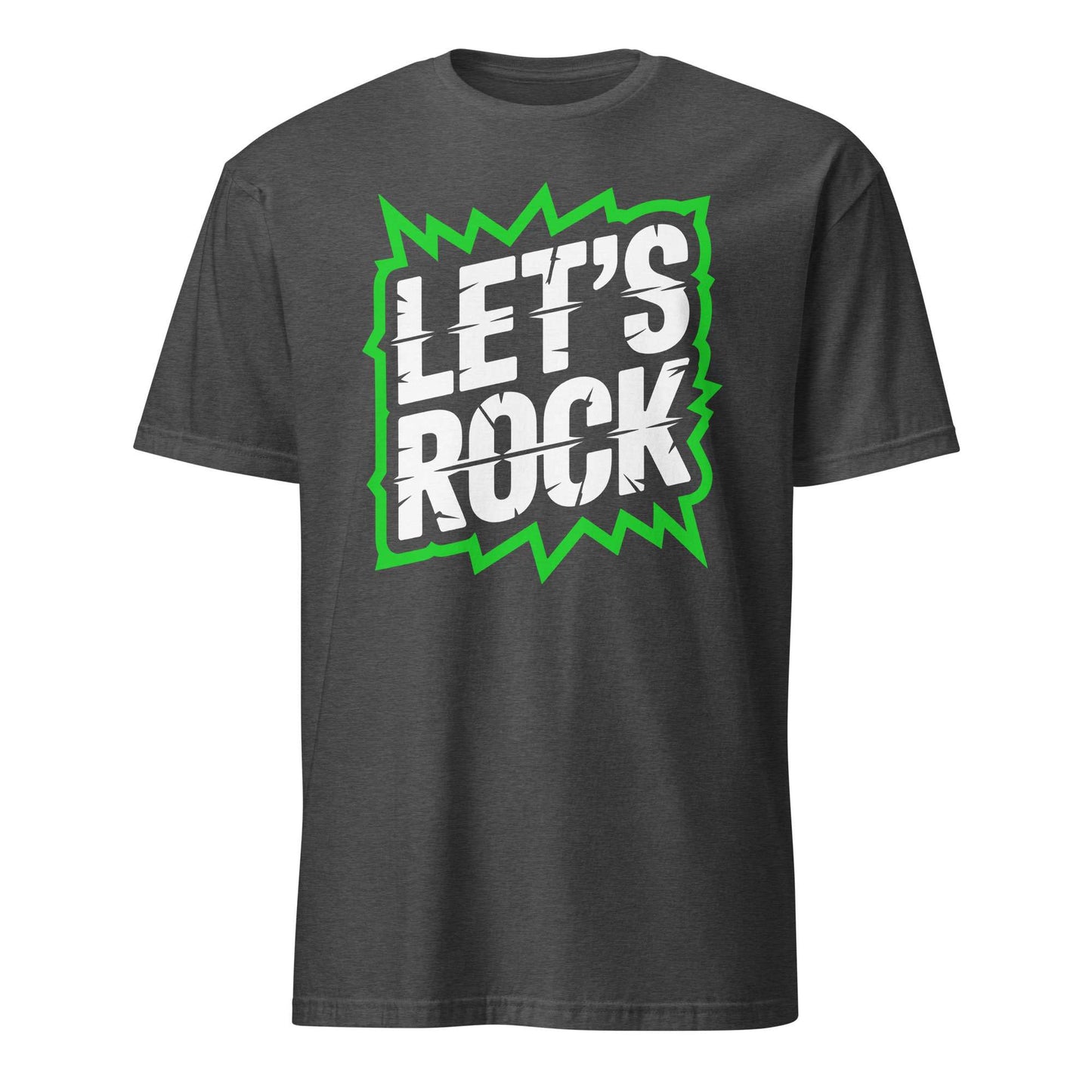 A dark gray heather crewneck t-shirt featuring a graphic print on the front with the text 'LET'S ROCK' in white with a black outline, set against a green jagged lightning-bolt shape, displayed on a solid white background. Let's Rock Music Bold Typography Graphic T-Shirt Casual Wear Shop the Let's Rock Music Bold Typography Graphic T-Shirt Casual Wear for a standout look, soft comfort, and everyday rock-inspired style.