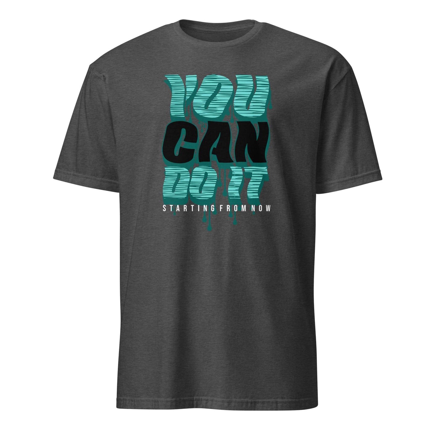 A dark gray heather crewneck t-shirt featuring a motivational graphic on the front that reads 'YOU CAN DO IT' in teal and black, with 'STARTING FROM NOW' printed below in white. You Can Do It Slogan Typography Graphic T-Shirt Casual Wear Shop the You Can Do It Slogan Typography Graphic T-Shirt for bold motivational style, everyday confidence, and effortlessly casual outfits.