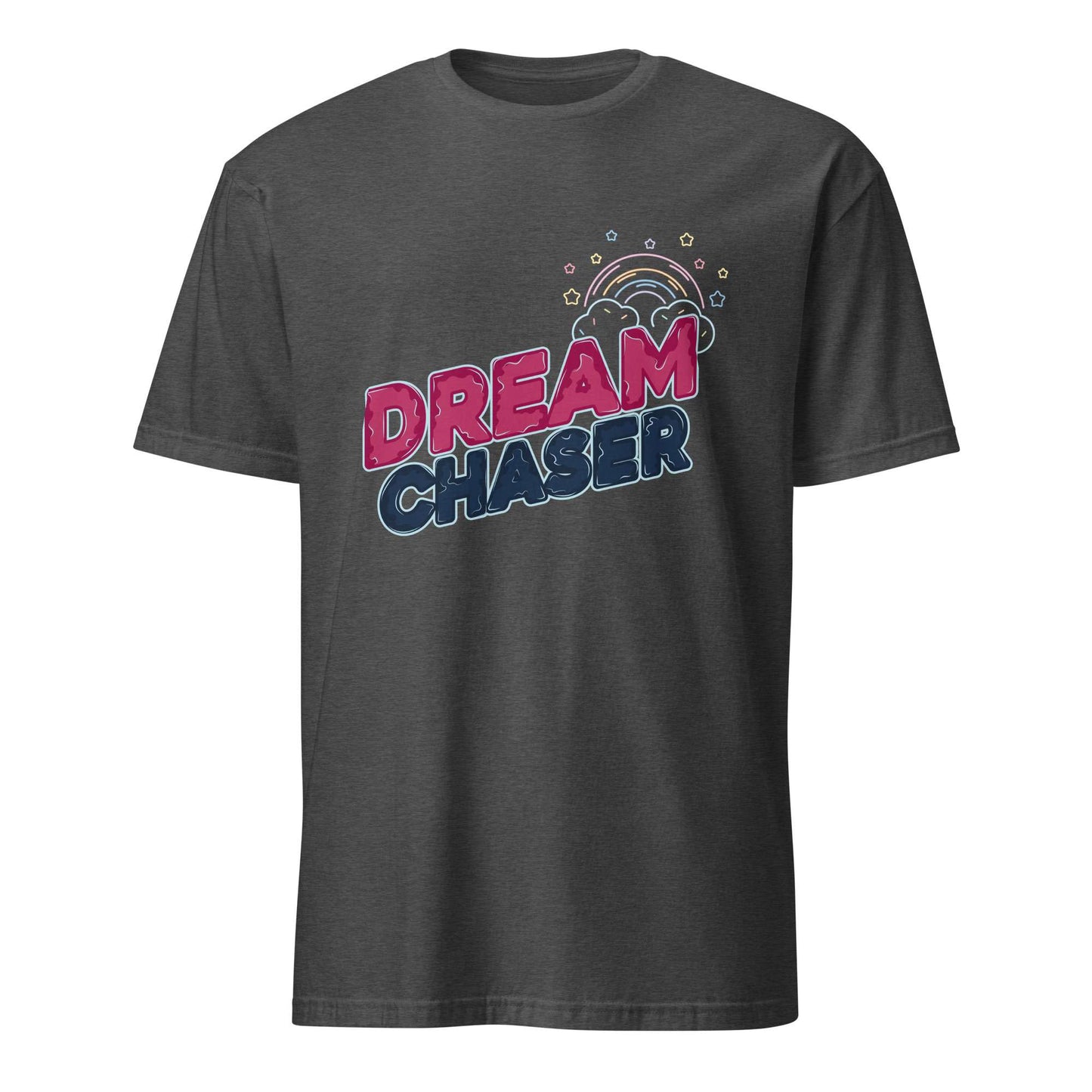 A dark gray heather crewneck t-shirt featuring a colorful graphic on the chest with the words 'DREAM CHASER' in pink and blue bubble lettering, under a small rainbow illustration. Minimal Dream Chaser Lettering Graphic T-Shirt Casual Wear Shop Minimal Dream Chaser Lettering Graphic T-Shirt Casual Wear for a clean, motivational look that pairs easily with your favorite outfits.