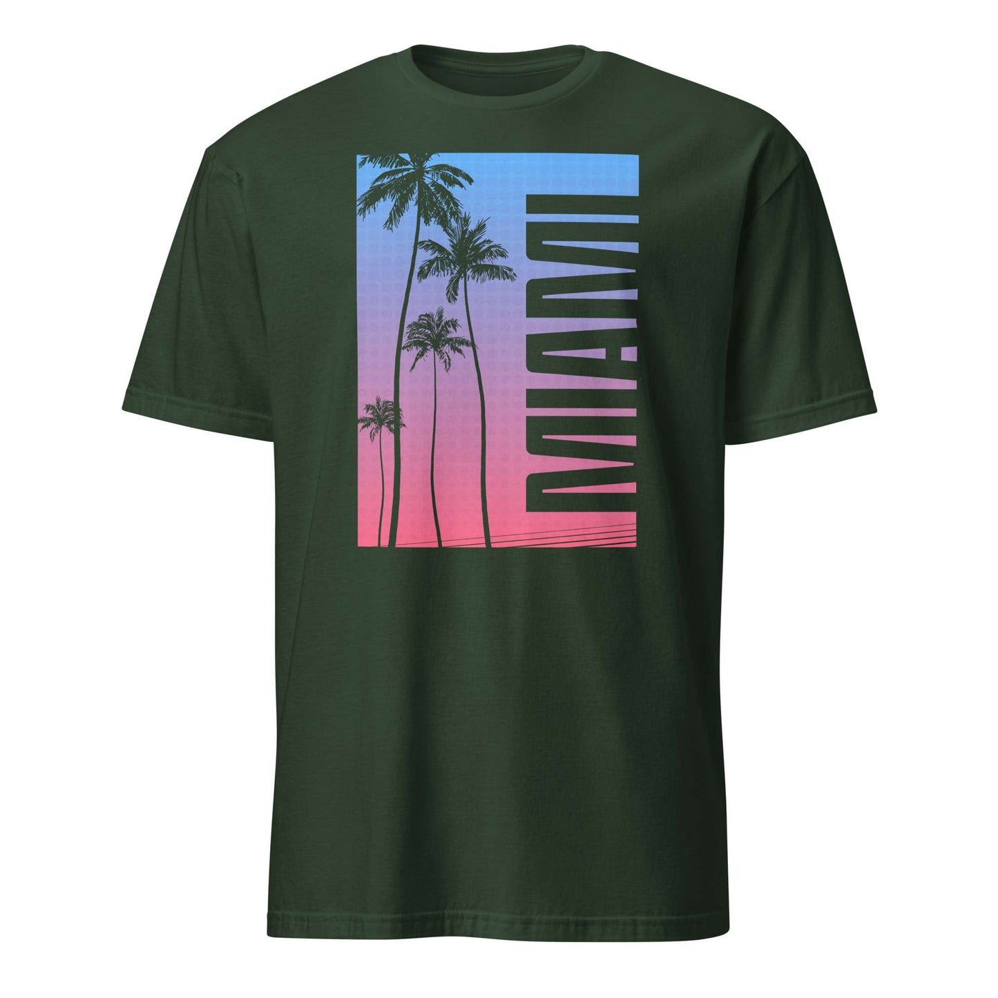 A dark green short-sleeve t-shirt with a rectangular graphic on the chest featuring palm tree silhouettes, a blue-to-pink gradient background, and the word 'MIAMI' printed vertically in black.