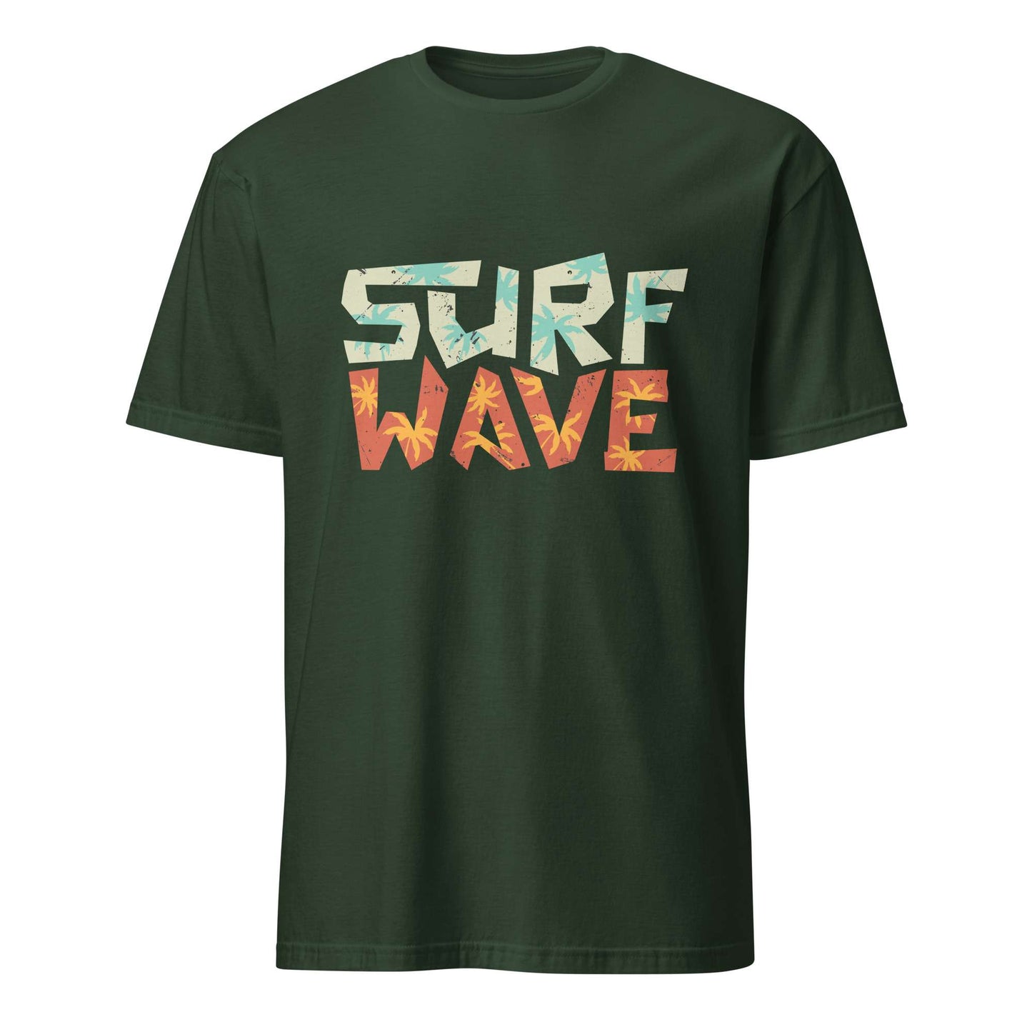 A dark green short-sleeve t-shirt with a distressed graphic on the chest reading 'SURF WAVE' in a retro, multi-colored patterned font, shown against a plain white background. Surf Wave Typography Lettering Graphic T-Shirt Casual Wear Shop the Surf Wave Lettering Typography Graphic T-Shirt Casual Wear design, featuring a laid-back coastal look for everyday outfits and beach days. Buy Surf Wave Lettering Typography Graphic T-Shirt Casual Wear for Sale Online.
