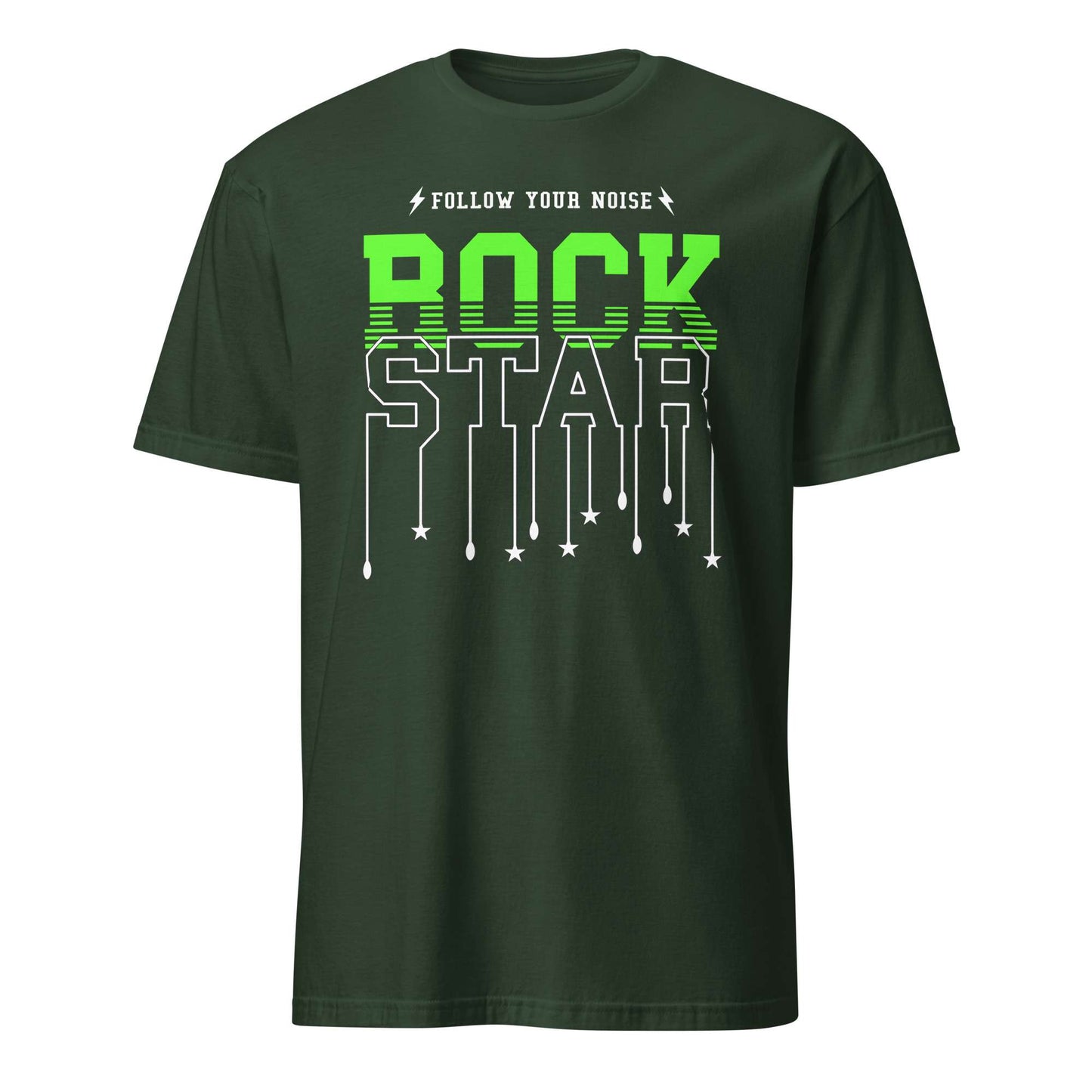 A dark forest green short-sleeve t-shirt with a graphic on the chest reading 'FOLLOW YOUR NOISE ROCK STAR' in white and bright green, shown against a plain white background. Follow Your Noise Rock Star Neon Music T-Shirt Casual Wear Shop Follow Your Noise Rock Star Neon Music T-Shirt Casual Wear for vibrant, rock-inspired fashion that adds energy to your casual wardrobe.