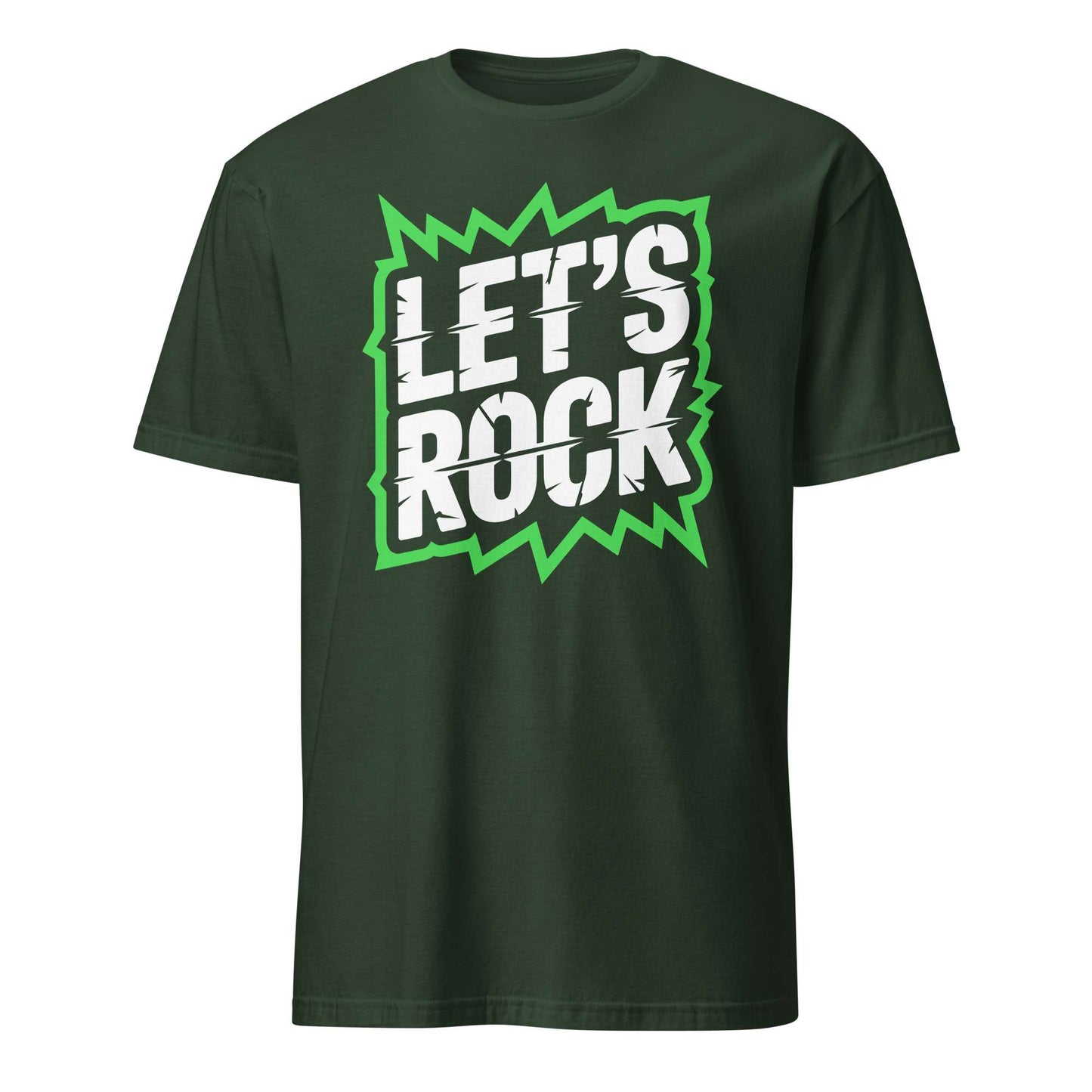 A dark green short-sleeve t-shirt with a graphic on the chest that reads 'LET'S ROCK' in white block letters inside a green jagged lightning-bolt shape, shown on a plain white background. Let's Rock Music Bold Typography Graphic T-Shirt Casual Wear Shop the Let's Rock Music Bold Typography Graphic T-Shirt Casual Wear for a standout look, soft comfort, and everyday rock-inspired style.