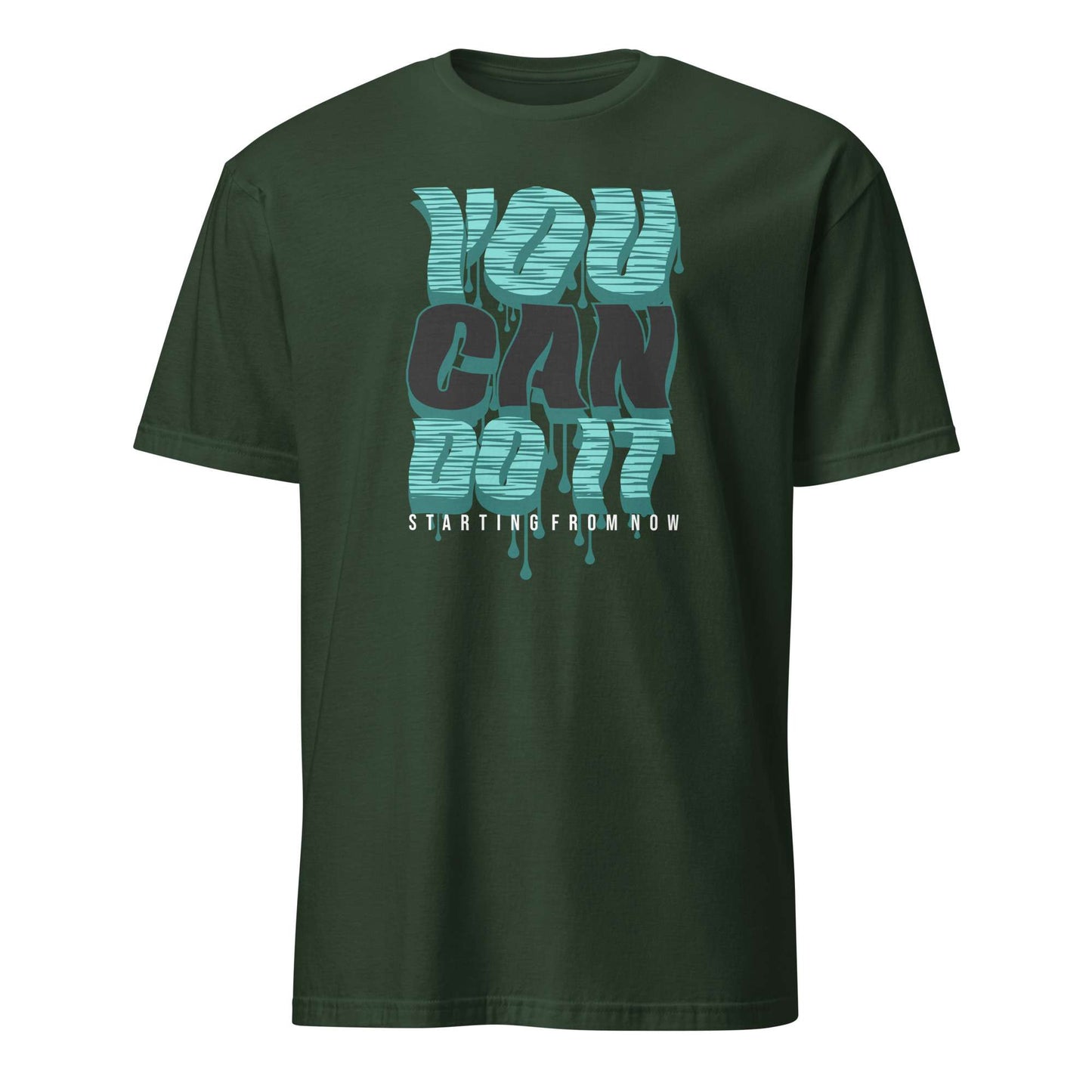 A dark forest green short-sleeve t-shirt with a graphic on the chest reading 'YOU CAN DO IT' in textured teal and dark gray letters, with 'STARTING FROM NOW' printed below in white, shown against a plain white background. You Can Do It Slogan Typography Graphic T-Shirt Casual Wear Shop the You Can Do It Slogan Typography Graphic T-Shirt for bold motivational style, everyday confidence, and effortlessly casual outfits.