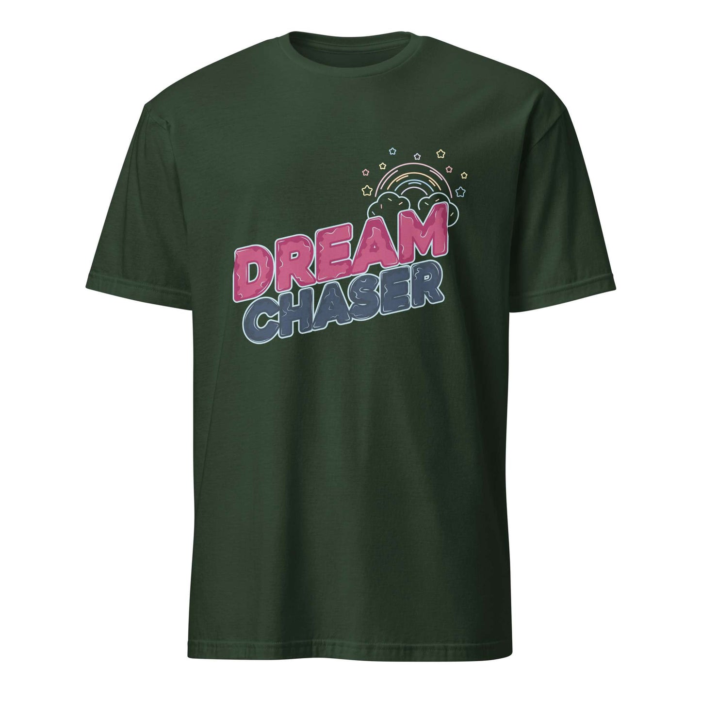A dark green short-sleeve t-shirt with a colorful graphic on the chest featuring the words 'DREAM CHASER' in pink and blue retro-style lettering under a small rainbow illustration, shown on a plain white background. Minimal Dream Chaser Lettering Graphic T-Shirt Casual Wear Shop Minimal Dream Chaser Lettering Graphic T-Shirt Casual Wear for a clean, motivational look that pairs easily with your favorite outfits.