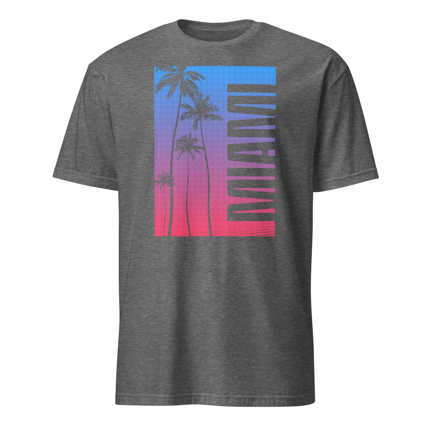 A heather gray short-sleeve t-shirt with a vertical graphic on the chest featuring palm tree silhouettes over a blue-to-pink gradient background, with the word 'MIAMI' printed vertically in dark gray.
