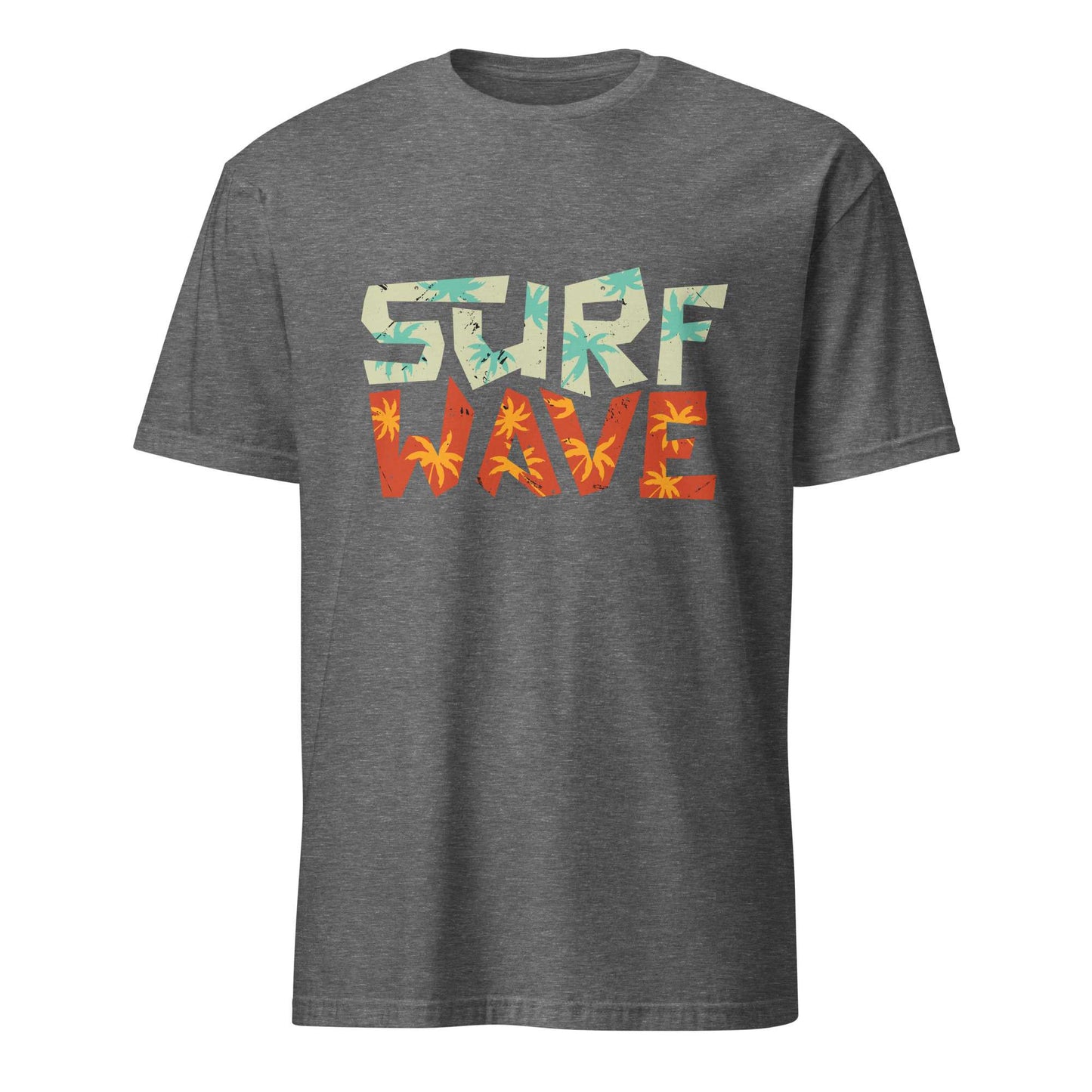 A dark heather gray t-shirt with a graphic on the chest reading 'SURF WAVE'. The word 'SURF' is filled with a light blue and teal palm tree pattern, and 'WAVE' is filled with orange and yellow palm leaf patterns. Surf Wave Typography Lettering Graphic T-Shirt Casual Wear Shop the Surf Wave Lettering Typography Graphic T-Shirt Casual Wear design, featuring a laid-back coastal look for everyday outfits and beach days. Buy Surf Wave Lettering Typography Graphic T-Shirt Casual Wear for Sale Online.