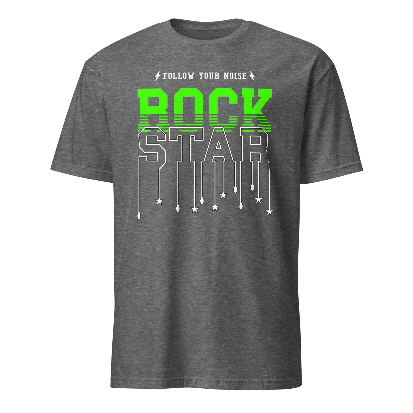A dark heather gray t-shirt with a graphic print on the front. The design features the words 'FOLLOW YOUR NOISE' in small white text above the word 'ROCK' in bright neon green, and 'STAR' in large white outlined letters with a dripping effect. Follow Your Noise Rock Star Neon Music T-Shirt Casual Wear Shop Follow Your Noise Rock Star Neon Music T-Shirt Casual Wear for vibrant, rock-inspired fashion that adds energy to your casual wardrobe.