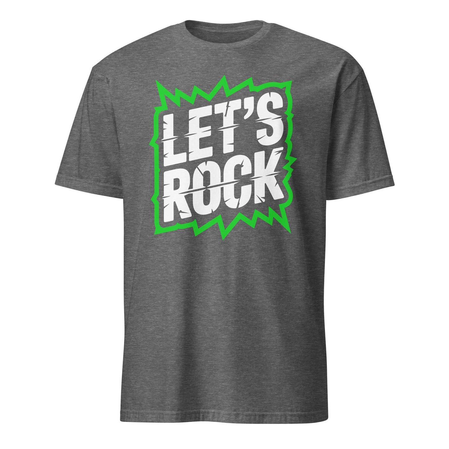 A dark heather gray short-sleeve t-shirt with a graphic on the chest that reads 'LET'S ROCK' in white distressed letters inside a green jagged lightning-bolt shape, shown on a plain white background. Let's Rock Music Bold Typography Graphic T-Shirt Casual Wear Shop the Let's Rock Music Bold Typography Graphic T-Shirt Casual Wear for a standout look, soft comfort, and everyday rock-inspired style.